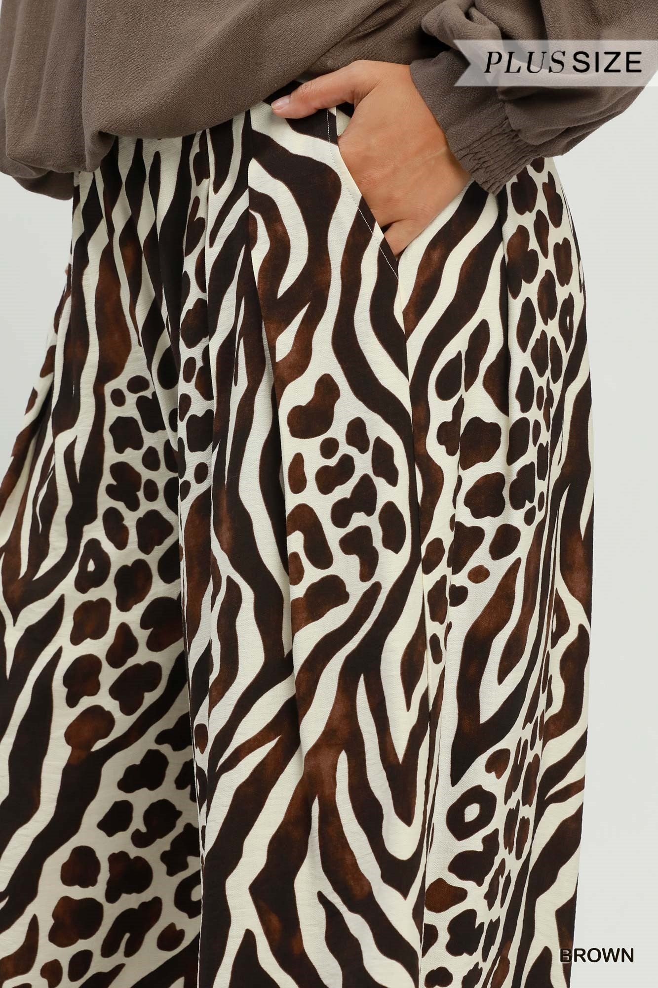 Umgee Brown Mixed Animal Print Wide Leg Pants Plus-Curvy/Plus Bottoms-Umgee-Deja Nu Boutique, Women's Fashion Boutique in Lampasas, Texas
