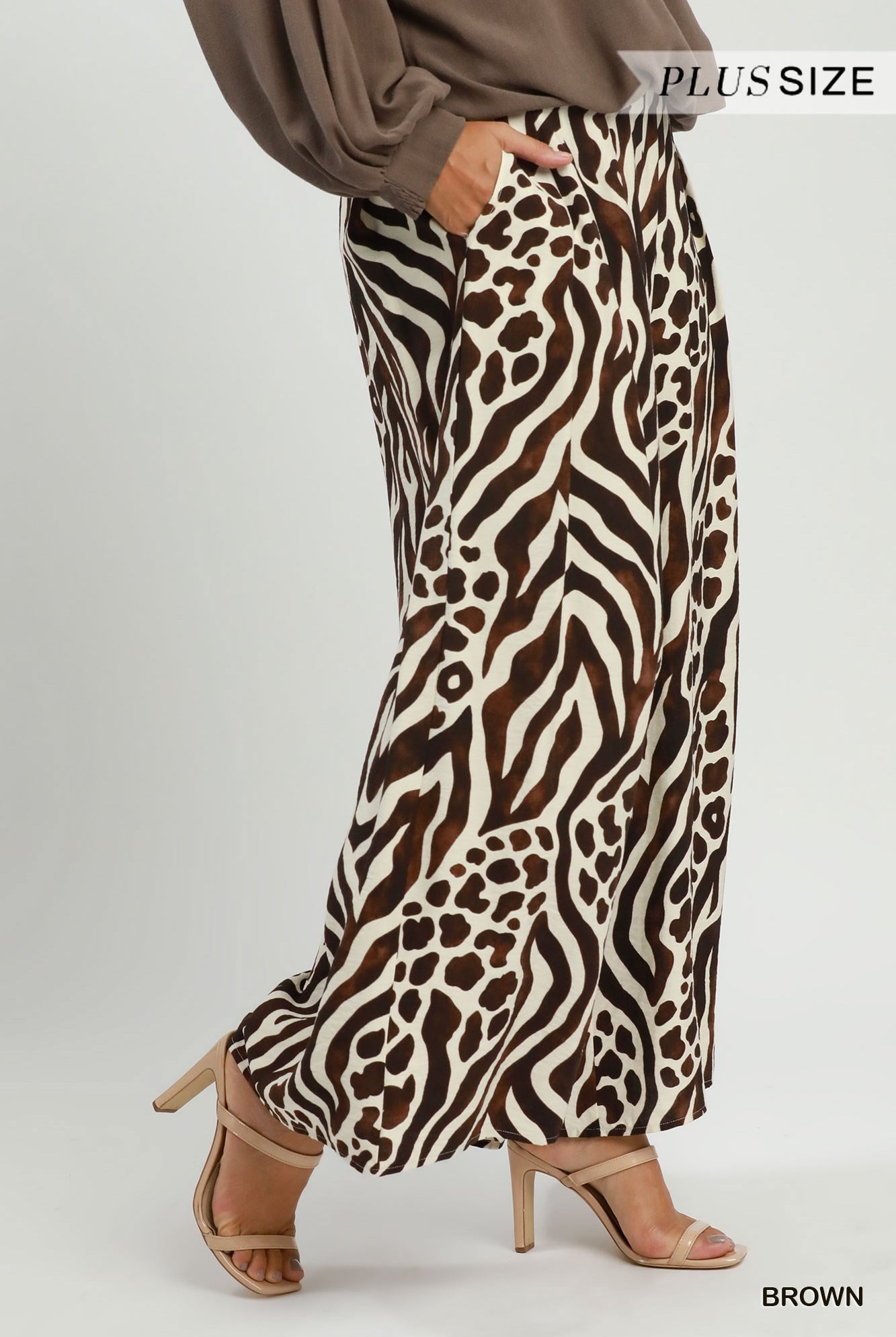 Umgee Brown Mixed Animal Print Wide Leg Pants Plus-Curvy/Plus Bottoms-Umgee-Deja Nu Boutique, Women's Fashion Boutique in Lampasas, Texas