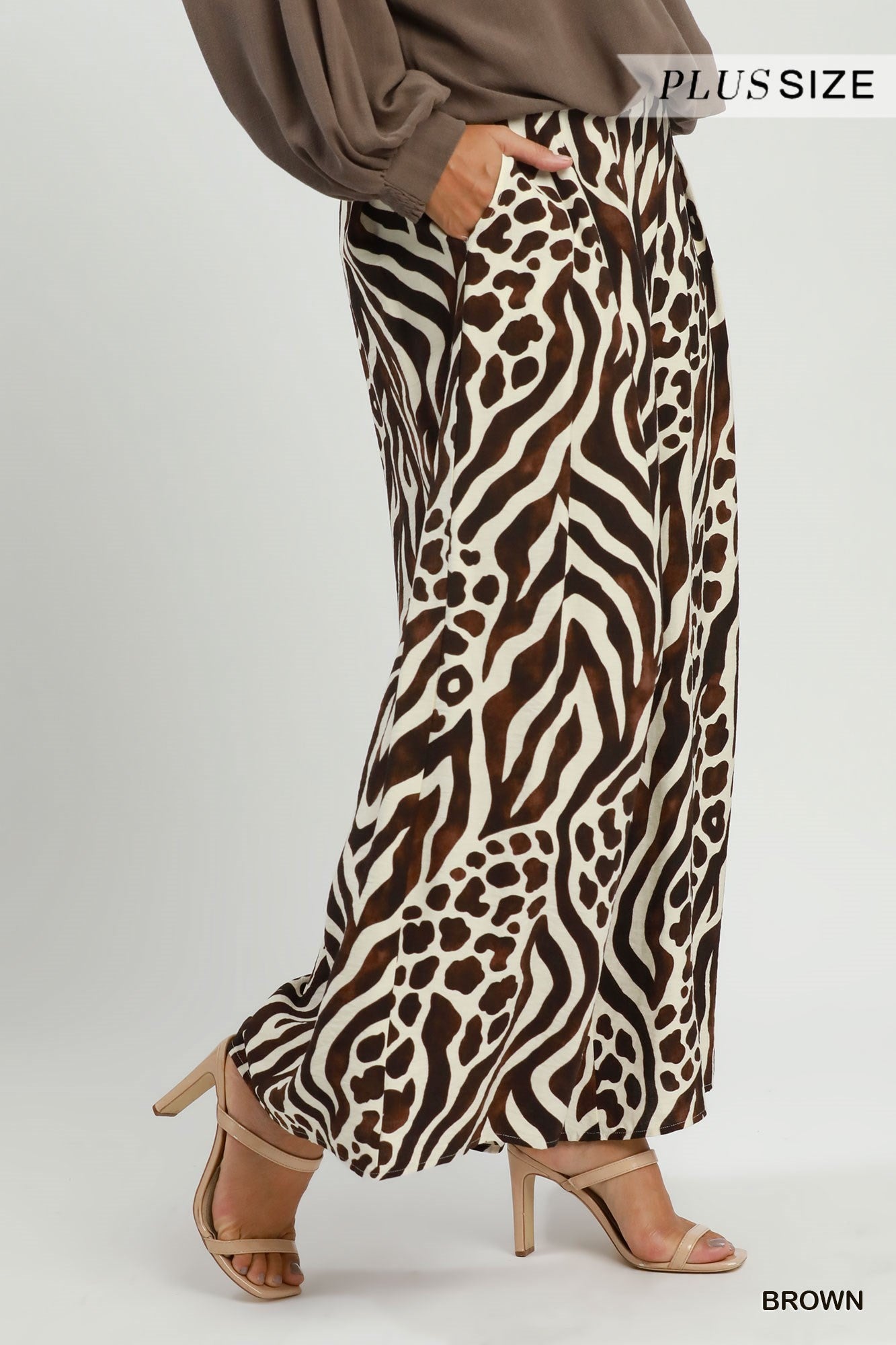 Umgee Brown Mixed Animal Print Wide Leg Pants Plus-Curvy/Plus Bottoms-Umgee-Deja Nu Boutique, Women's Fashion Boutique in Lampasas, Texas