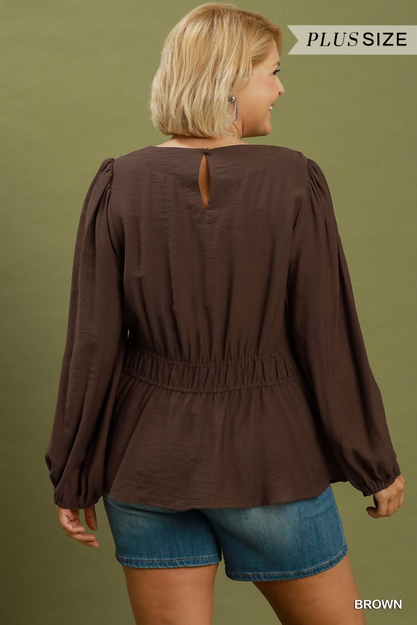 Umgee Brown Smocked Waist Long Sleeve Peplum Blouse Plus-Curvy/Plus Blouses-Umgee-Deja Nu Boutique, Women's Fashion Boutique in Lampasas, Texas