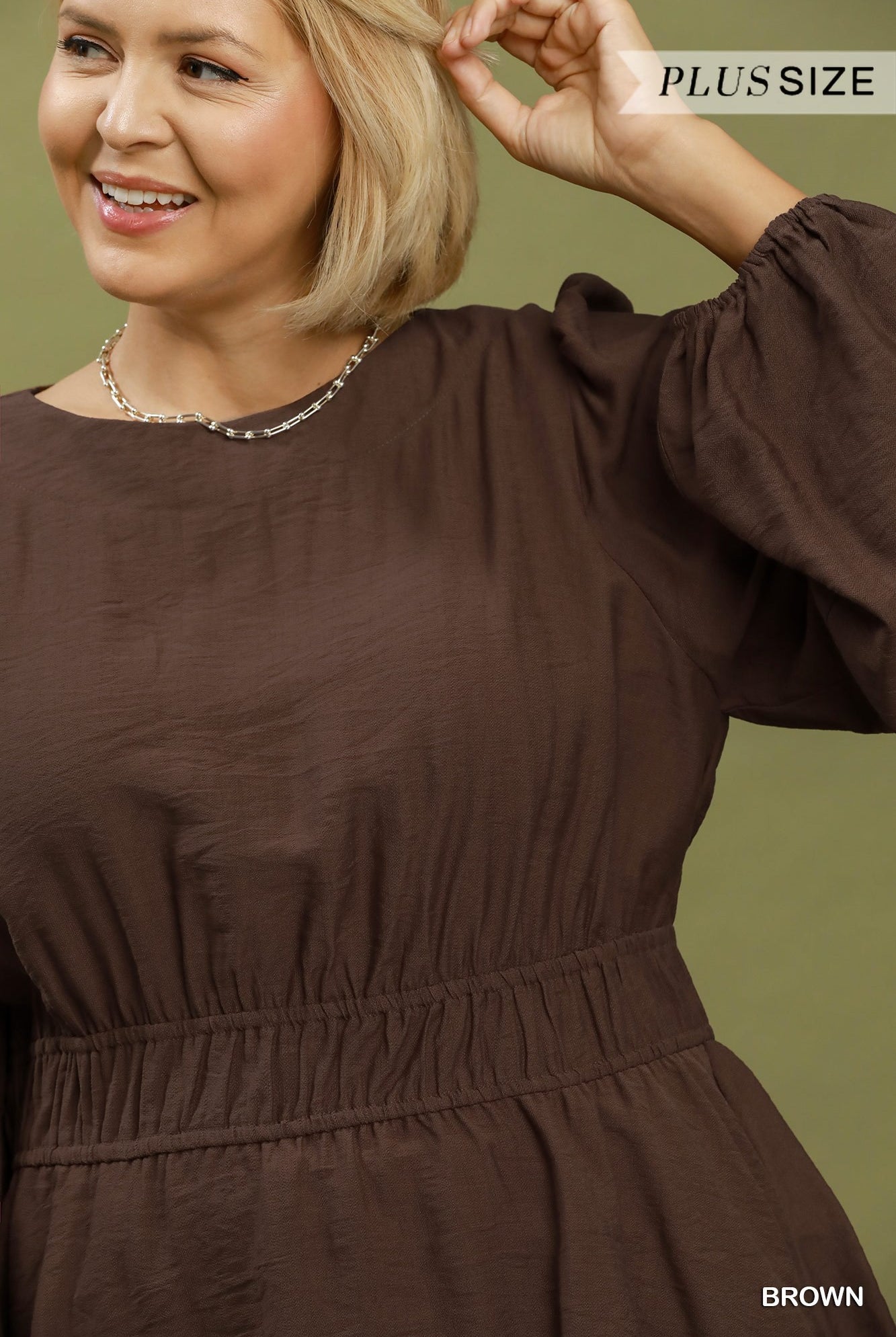 Umgee Brown Smocked Waist Long Sleeve Peplum Blouse Plus-Curvy/Plus Blouses-Umgee-Deja Nu Boutique, Women's Fashion Boutique in Lampasas, Texas