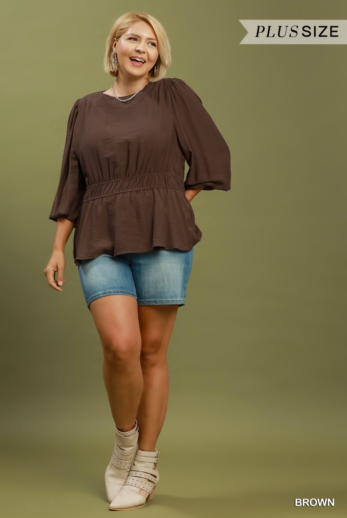 Umgee Brown Smocked Waist Long Sleeve Peplum Blouse Plus-Curvy/Plus Blouses-Umgee-Deja Nu Boutique, Women's Fashion Boutique in Lampasas, Texas