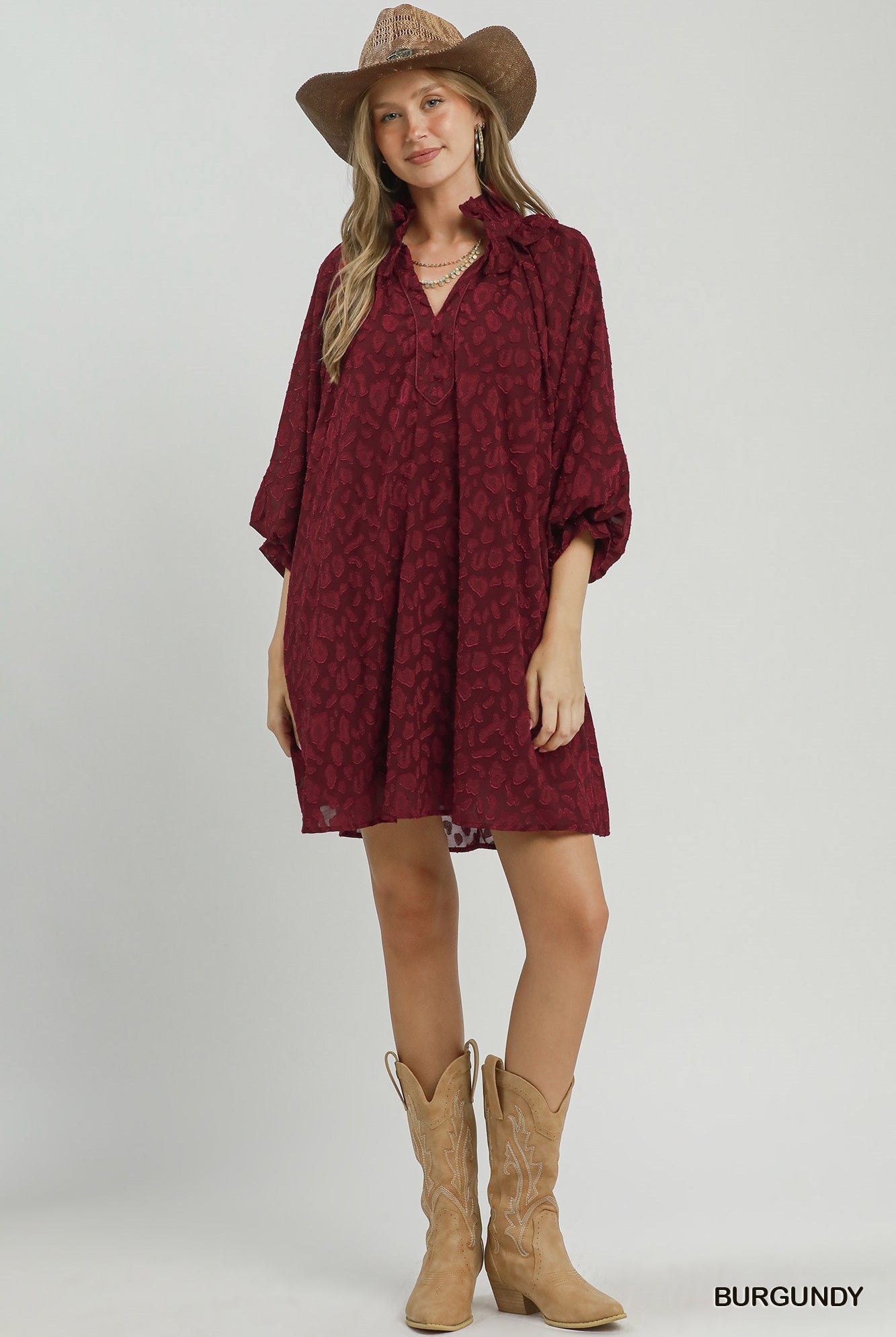 Umgee Burgundy Textured Animal Print Dress-mini dress-umgee-Deja Nu Boutique, Women's Fashion Boutique in Lampasas, Texas