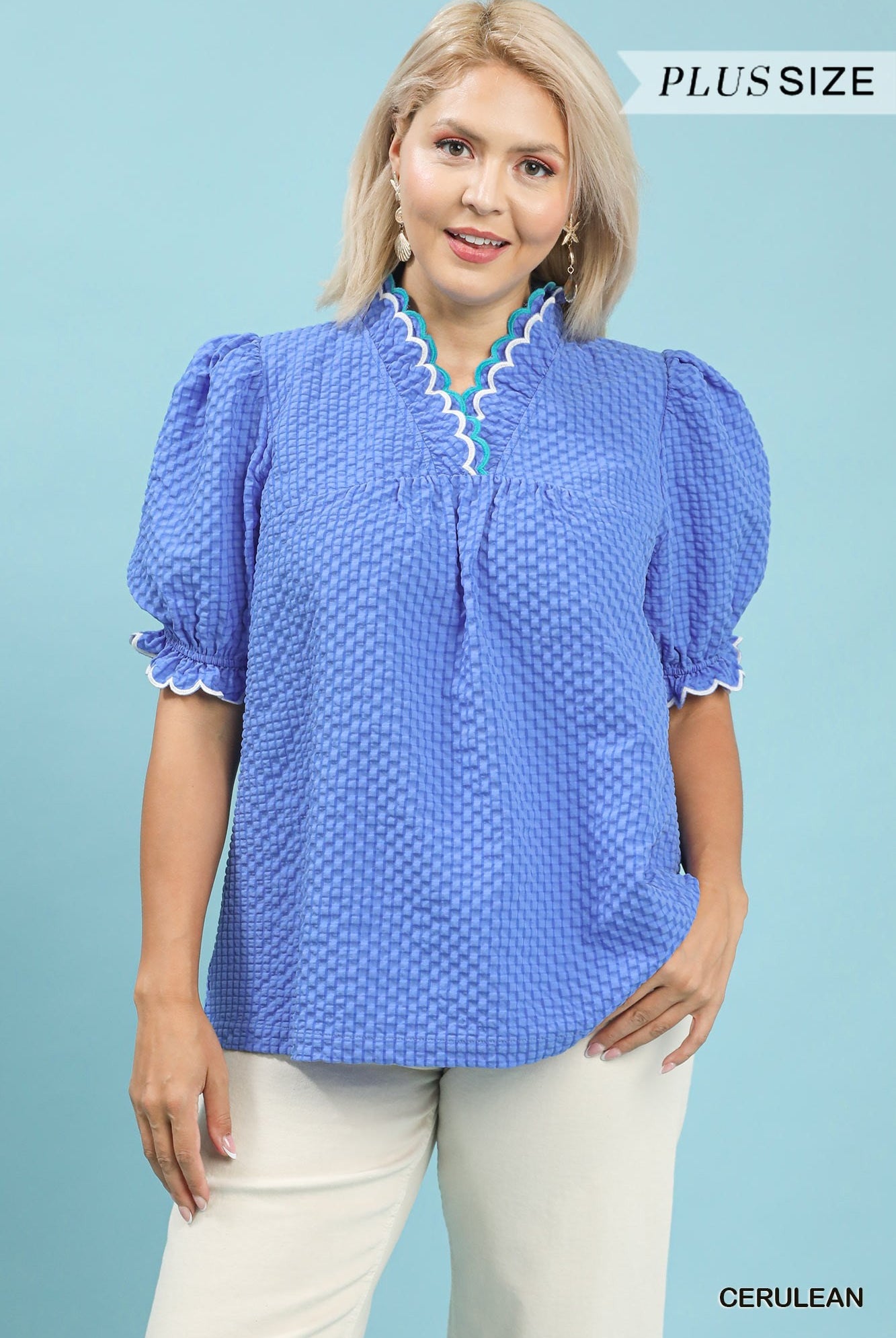Umgee Textured Puff Sleeve Plus Top Cerulean-Curvy/Plus Blouses-Umgee-Deja Nu Boutique, Women's Fashion Boutique in Lampasas, Texas