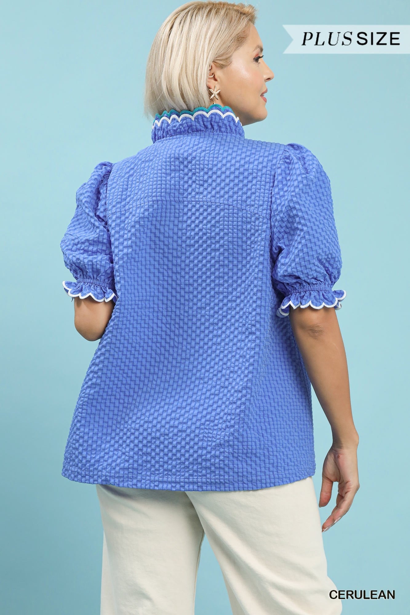 Umgee Textured Puff Sleeve Plus Top Cerulean-Curvy/Plus Blouses-Umgee-Deja Nu Boutique, Women's Fashion Boutique in Lampasas, Texas