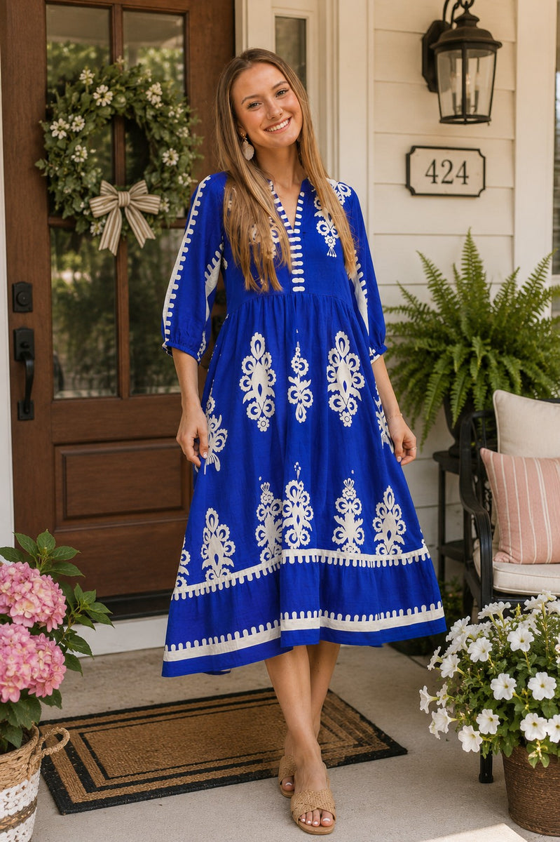 umgee blue and white dress Cobalt Abstract Print Midi Midi Bridesmaid Dresses this midi dress moves 15+ Pink and Black Size:Custom-Made Size