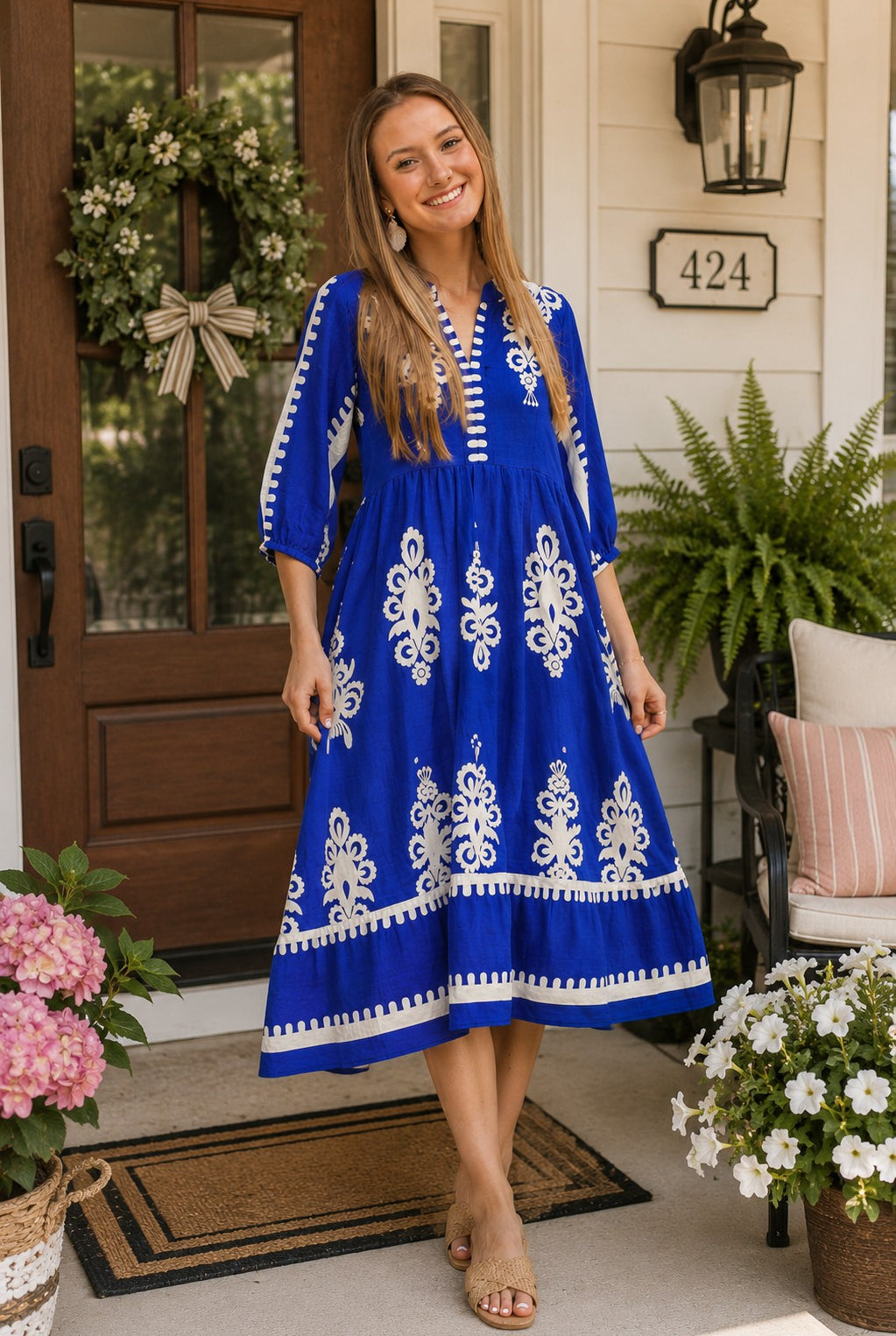 Umgee Cobalt Blue Abstract Print Midi Dress-Midi Dresses-Umgee-Deja Nu Boutique, Women's Fashion Boutique in Lampasas, Texas