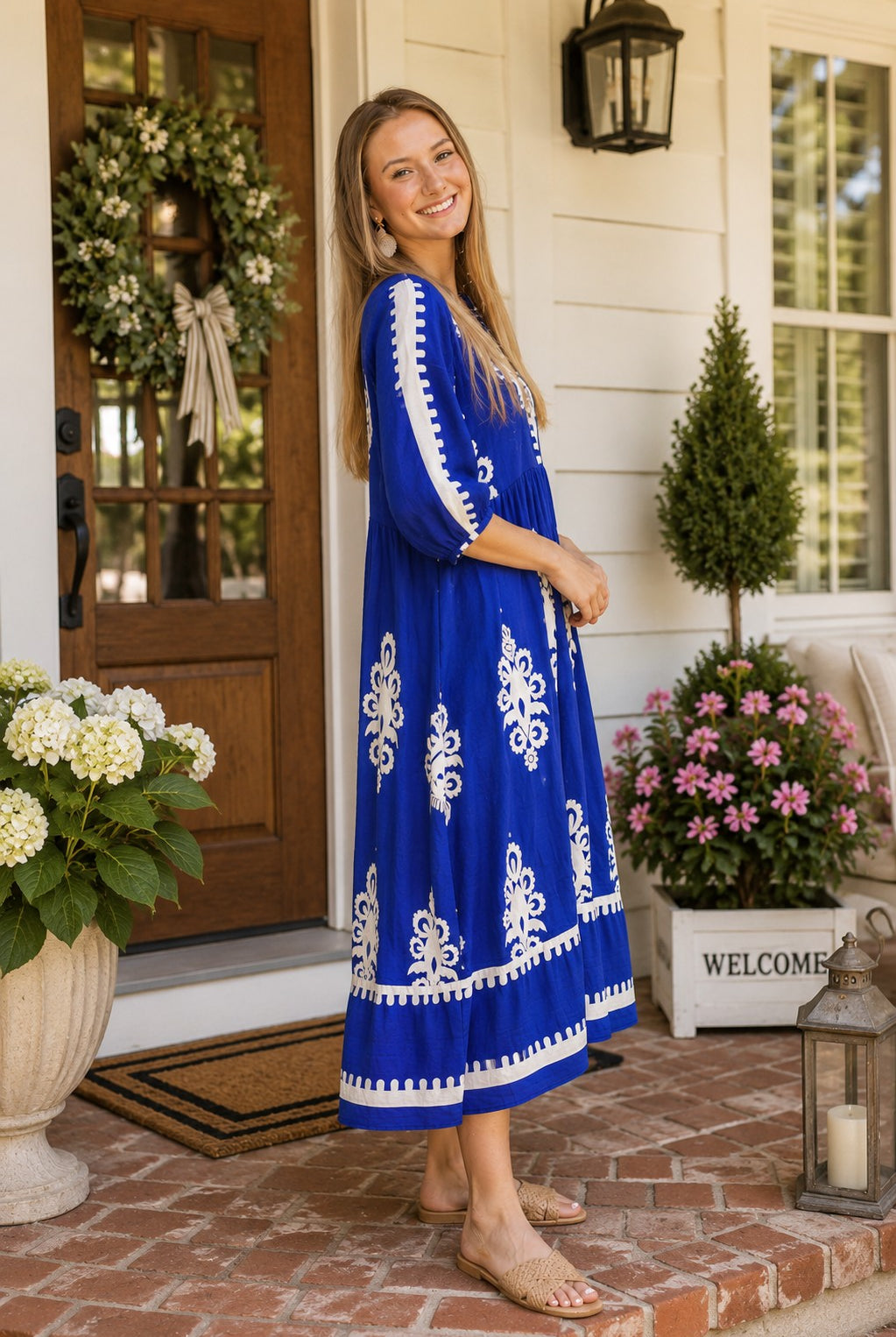 Umgee Cobalt Blue Abstract Print Midi Dress-Midi Dresses-Umgee-Deja Nu Boutique, Women's Fashion Boutique in Lampasas, Texas