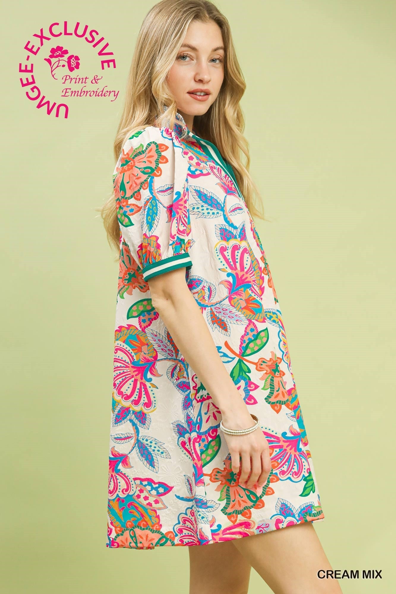 Umgee Jacquard Paisley Print Puff Sleeve Tunic Dress – Cream Mix-mini dress-Umgee-Deja Nu Boutique, Women's Fashion Boutique in Lampasas, Texas