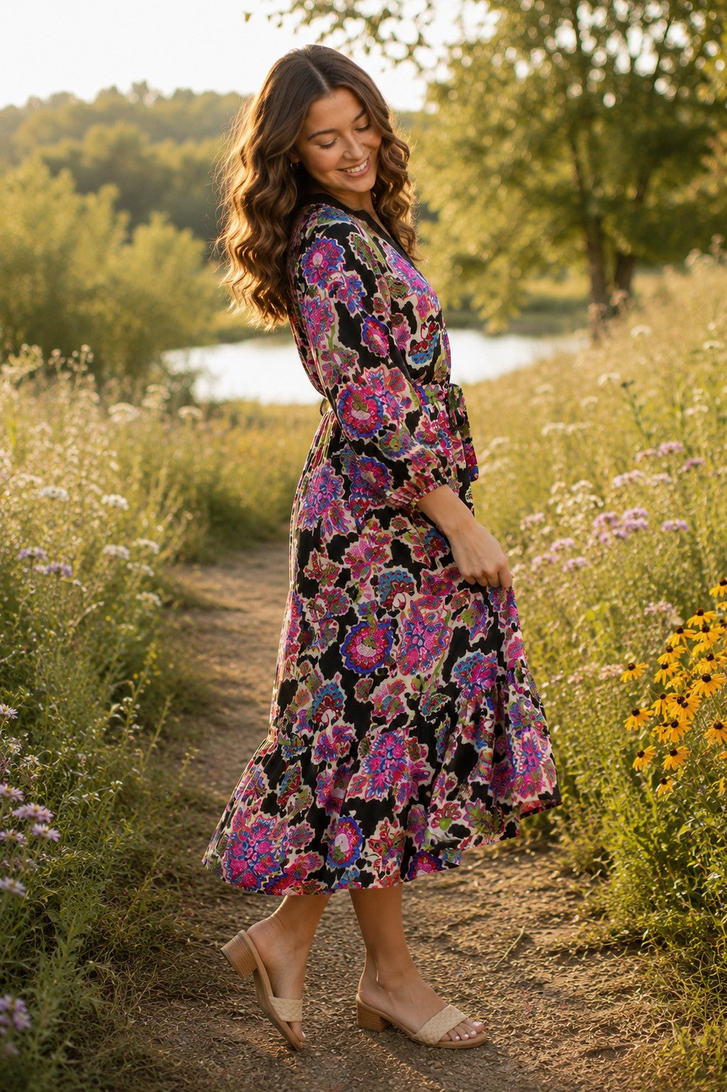 Umgee Abstract Print Embroidered Belted Midi Dress in Black-Midi Dresses-Umgee-Deja Nu Boutique, Women's Fashion Boutique in Lampasas, Texas