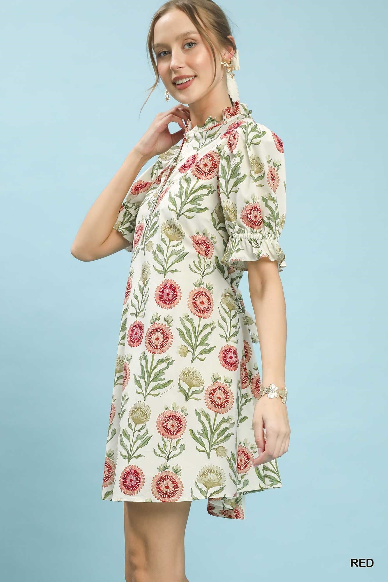 Umgee Floral Puff Sleeve Babydoll Dress – Red-mini dress-Umgee-Deja Nu Boutique, Women's Fashion Boutique in Lampasas, Texas