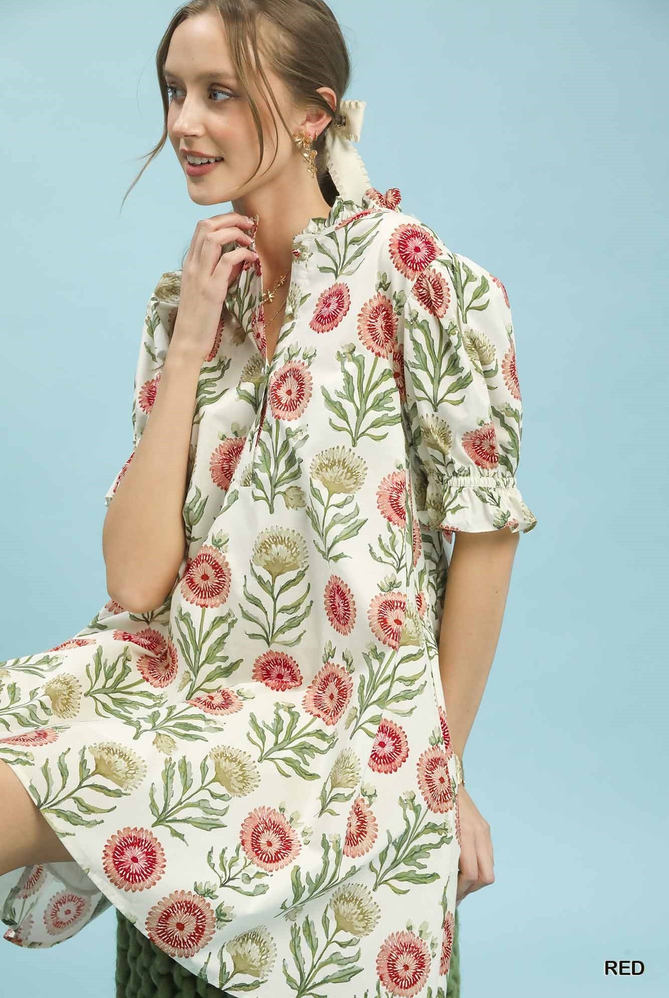 Umgee Floral Puff Sleeve Babydoll Dress – Red-mini dress-Umgee-Deja Nu Boutique, Women's Fashion Boutique in Lampasas, Texas