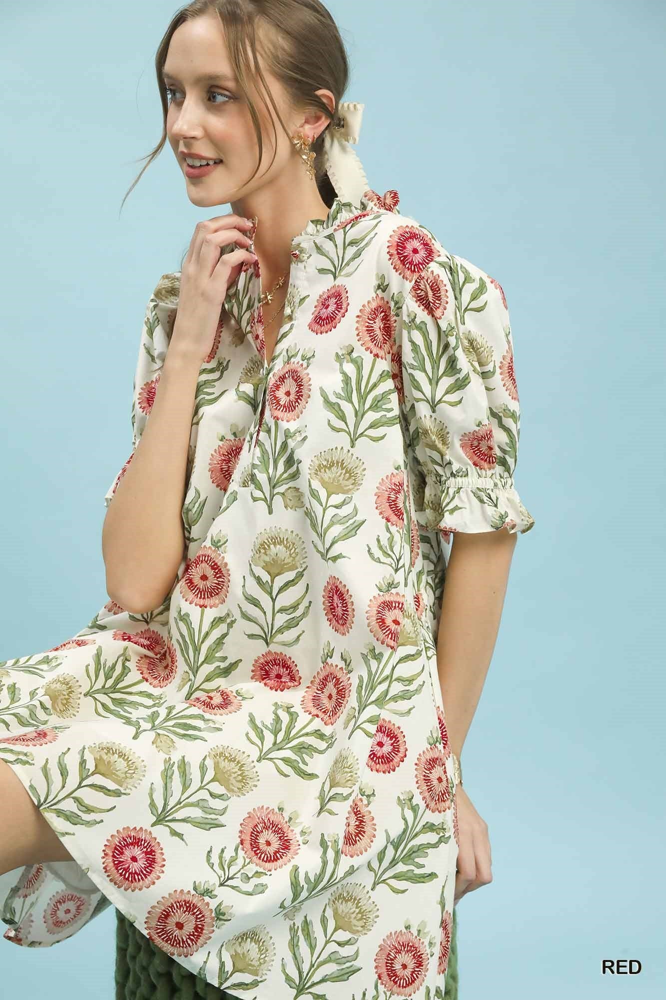 Umgee Floral Puff Sleeve Babydoll Dress – Red-mini dress-Umgee-Deja Nu Boutique, Women's Fashion Boutique in Lampasas, Texas