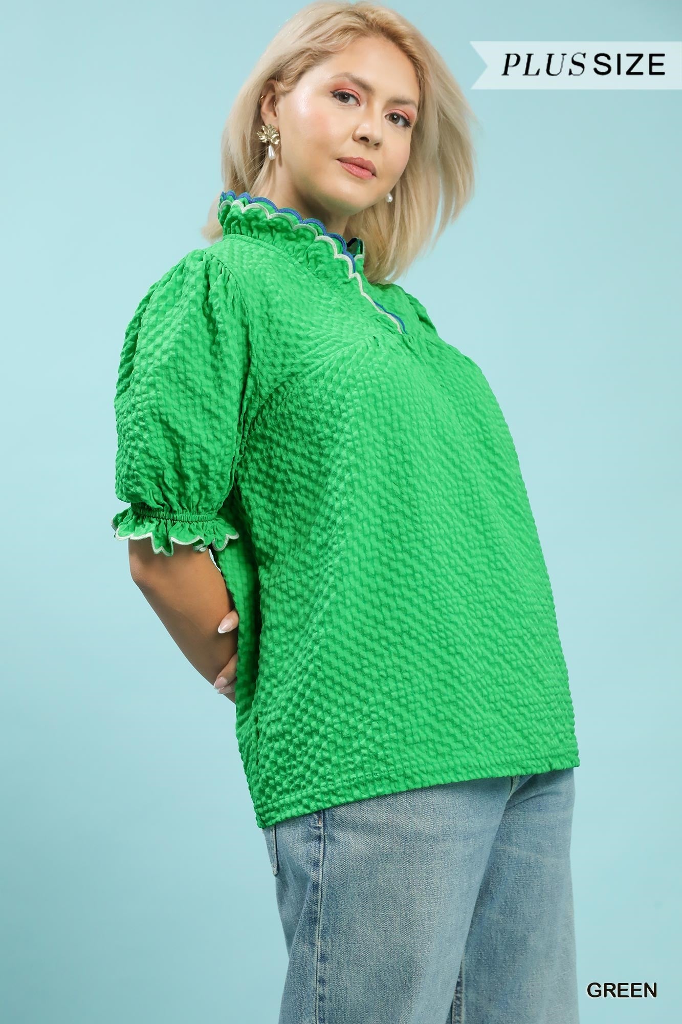 Umgee Textured Puff Sleeve Plus Top Green-Curvy/Plus Blouses-Umgee-Deja Nu Boutique, Women's Fashion Boutique in Lampasas, Texas