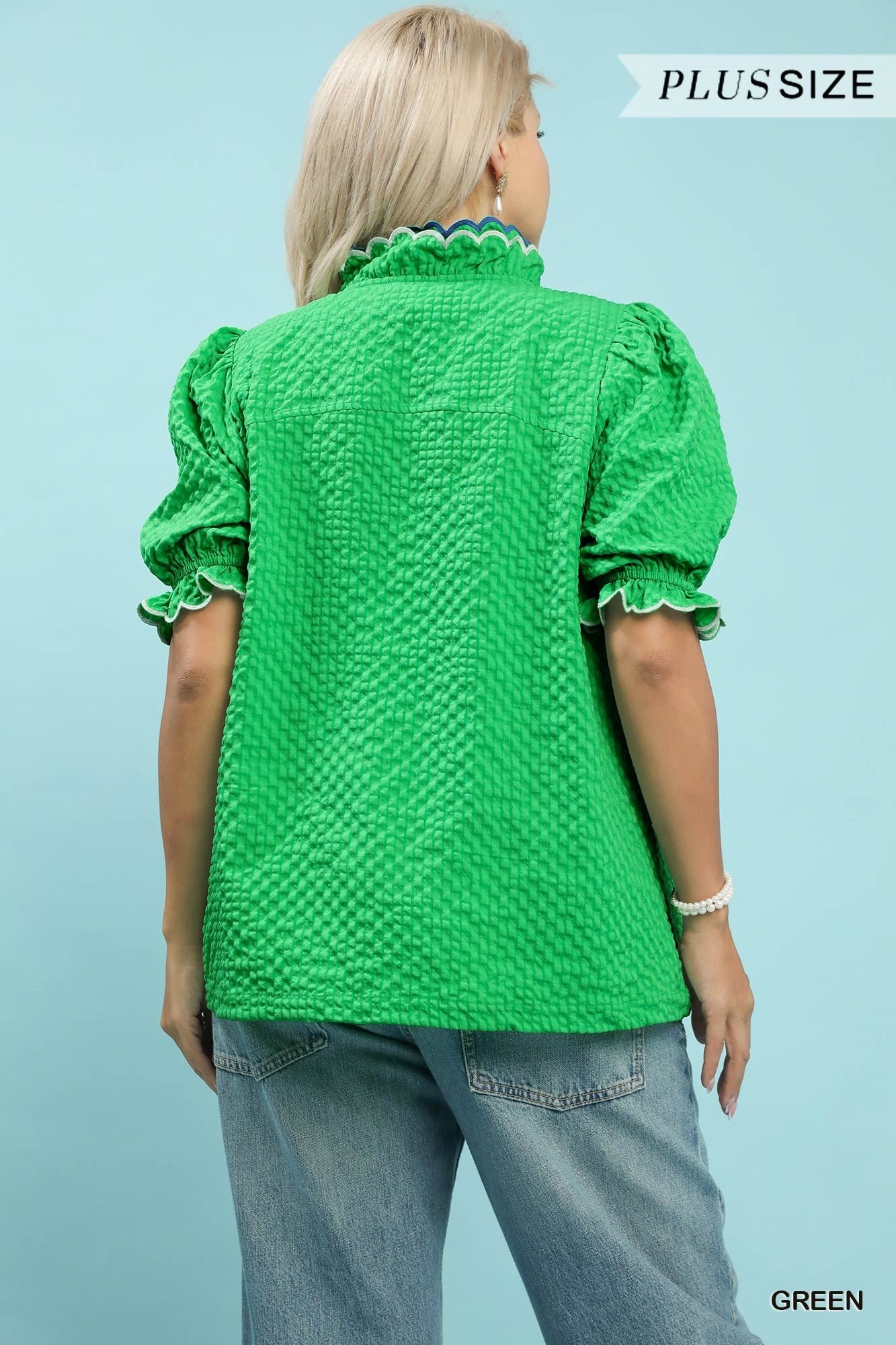 Umgee Textured Puff Sleeve Plus Top Green-Curvy/Plus Blouses-Umgee-Deja Nu Boutique, Women's Fashion Boutique in Lampasas, Texas