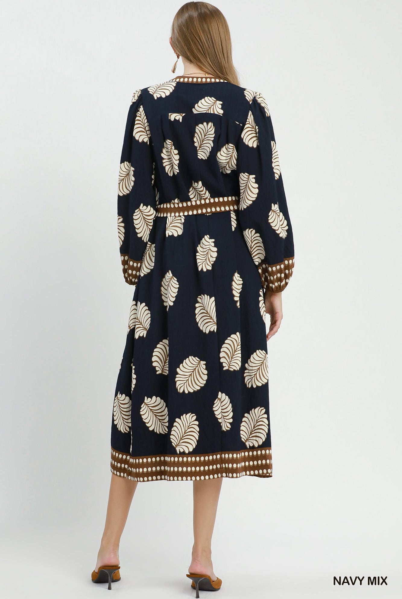 Umgee Leaf Print Belted Midi Dress in Navy Mix-Midi Dresses-Umgee-Deja Nu Boutique, Women's Fashion Boutique in Lampasas, Texas