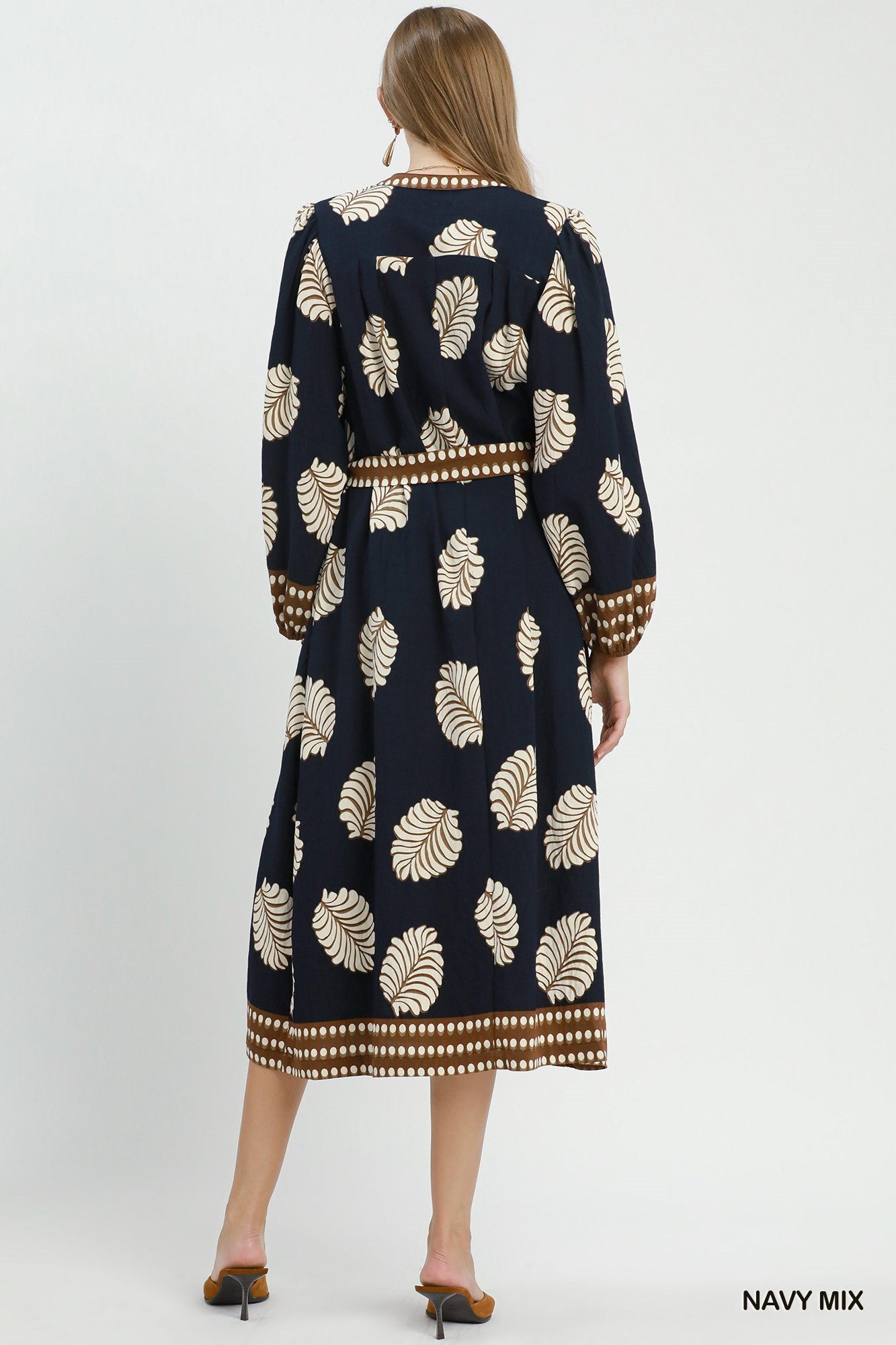 Umgee Leaf Print Belted Midi Dress in Navy Mix-Midi Dresses-Umgee-Deja Nu Boutique, Women's Fashion Boutique in Lampasas, Texas