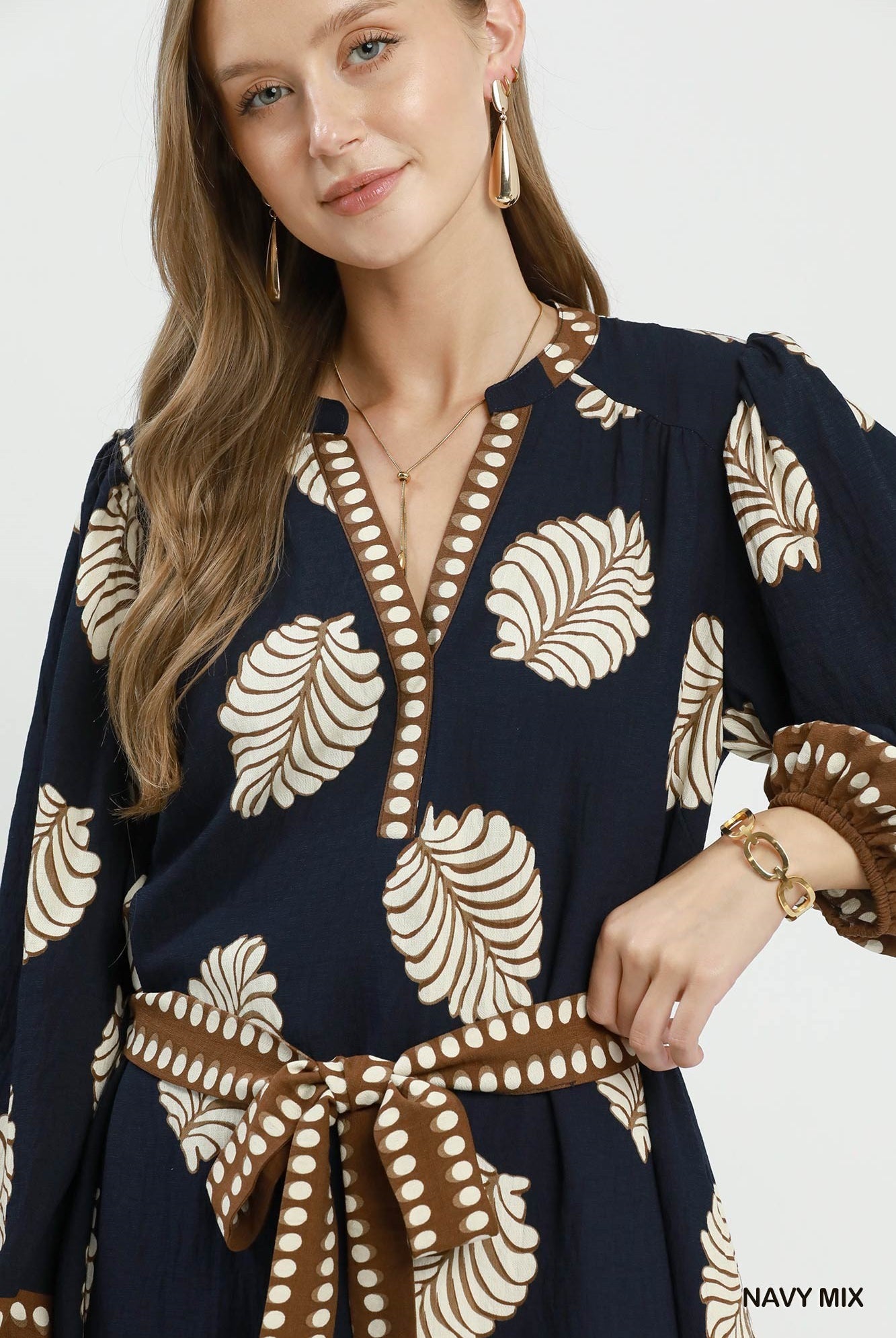 Umgee Leaf Print Belted Midi Dress in Navy Mix-Midi Dresses-Umgee-Deja Nu Boutique, Women's Fashion Boutique in Lampasas, Texas