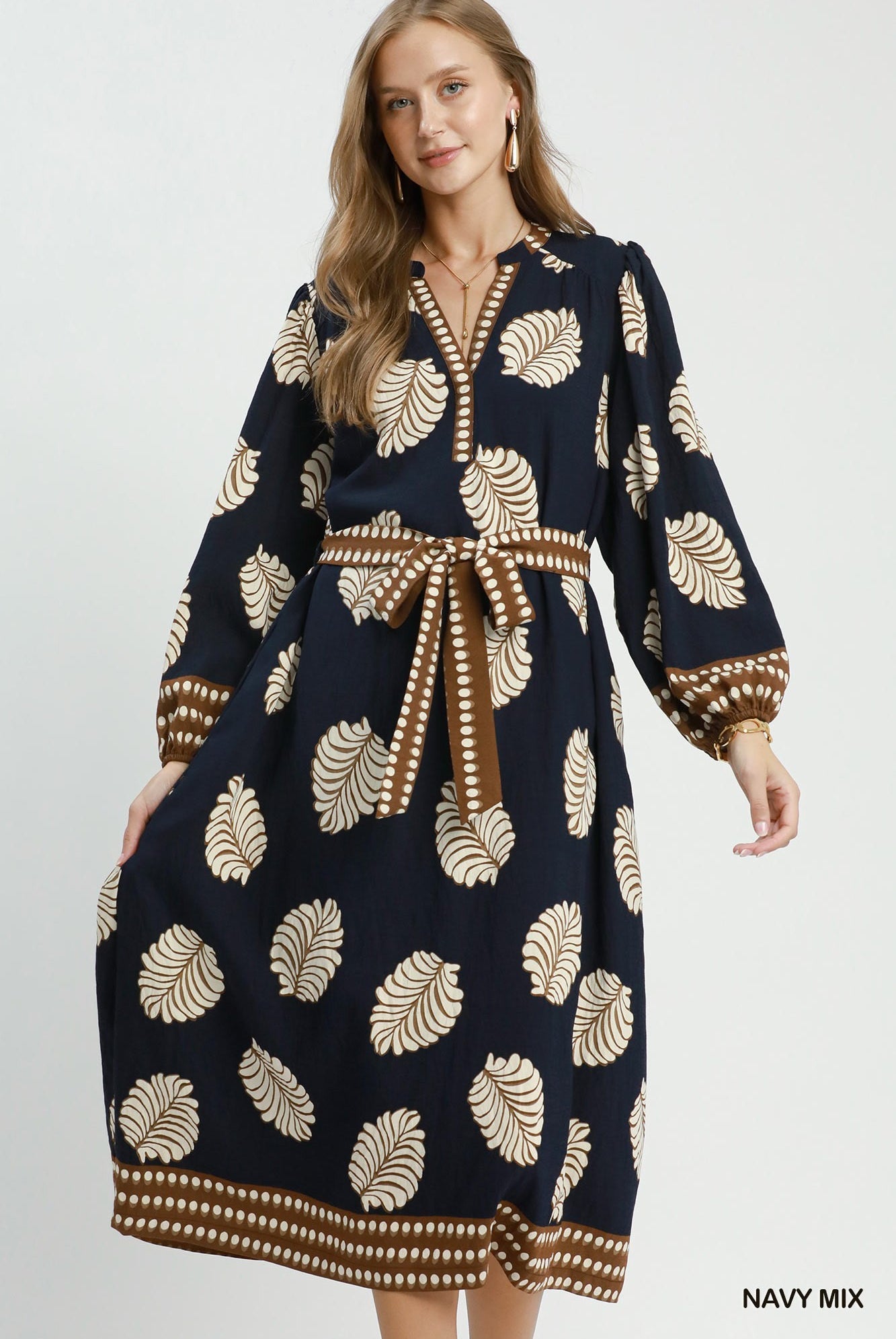 Umgee Leaf Print Belted Midi Dress in Navy Mix-Midi Dresses-Umgee-Deja Nu Boutique, Women's Fashion Boutique in Lampasas, Texas