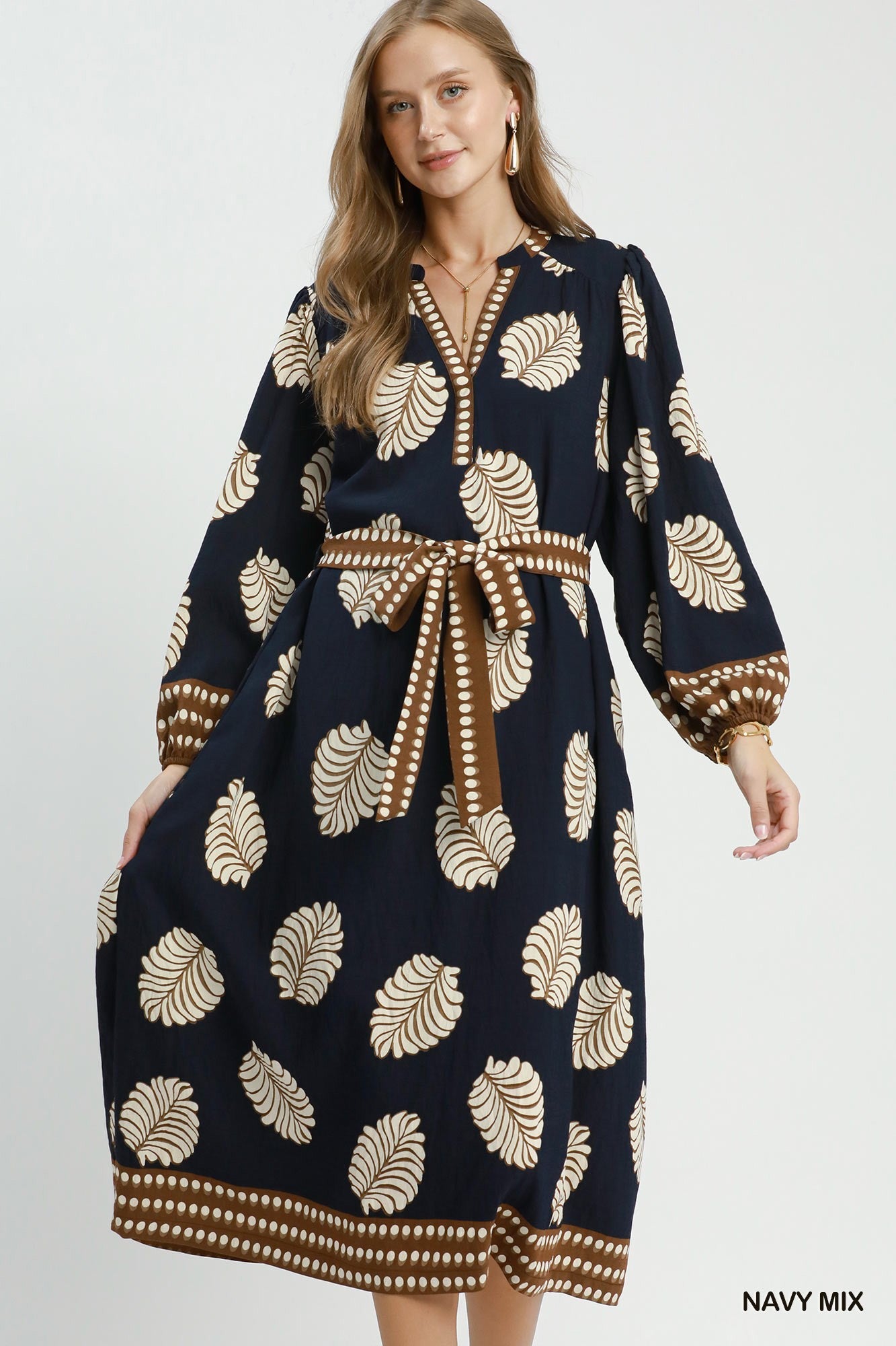 Umgee Leaf Print Belted Midi Dress in Navy Mix-Midi Dresses-Umgee-Deja Nu Boutique, Women's Fashion Boutique in Lampasas, Texas