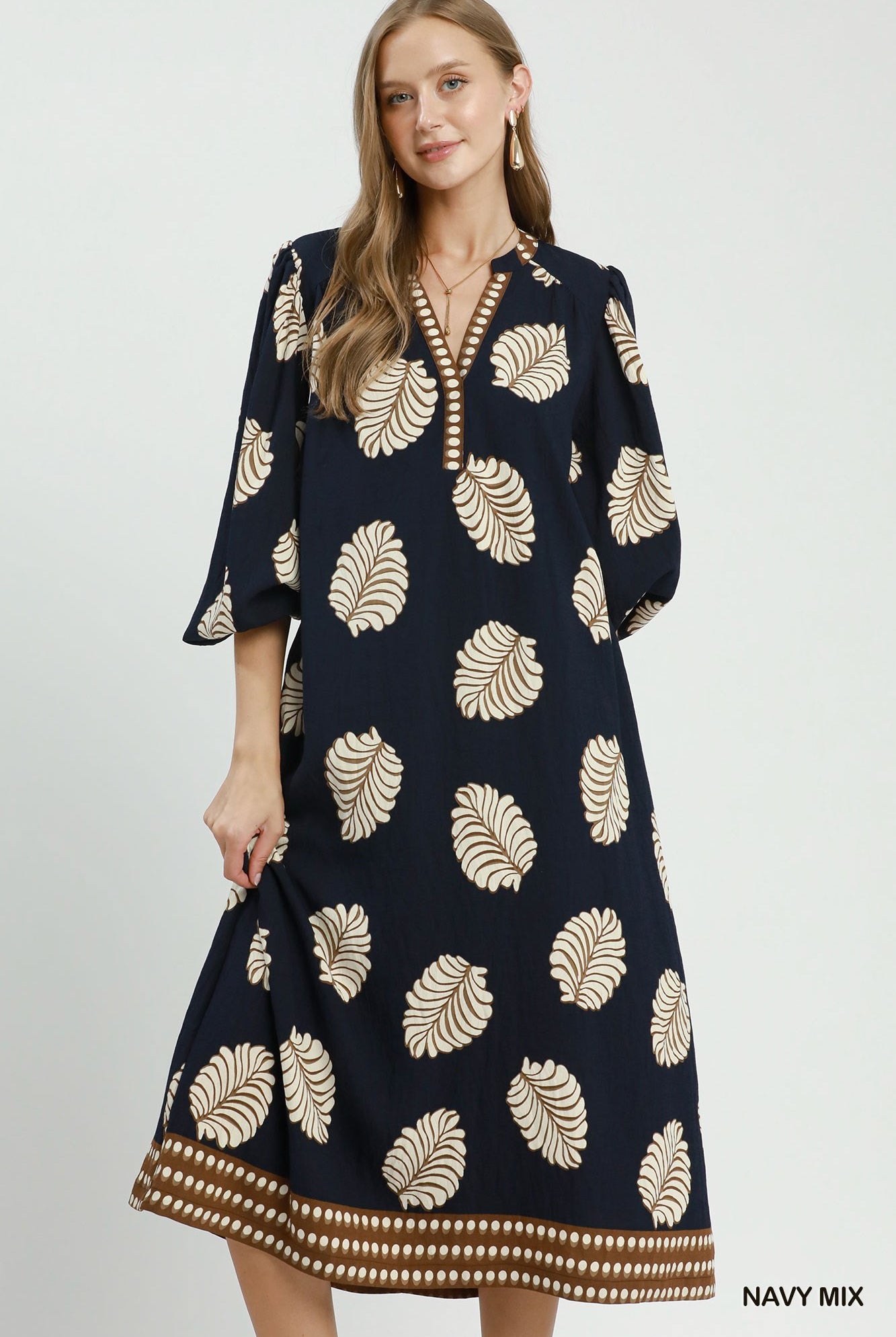 Umgee Leaf Print Belted Midi Dress in Navy Mix-Midi Dresses-Umgee-Deja Nu Boutique, Women's Fashion Boutique in Lampasas, Texas