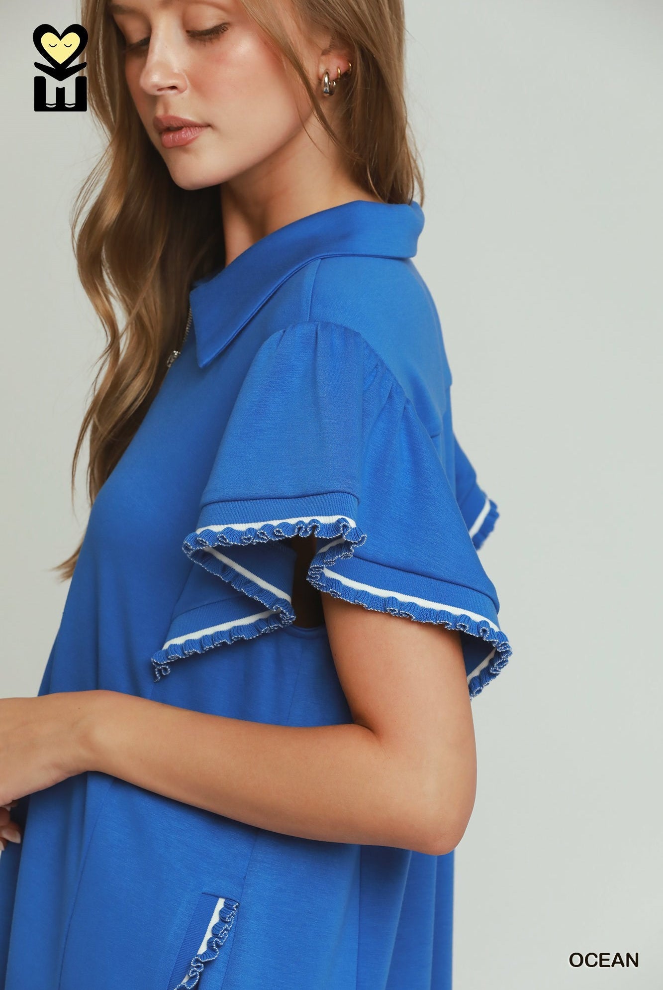 Umgee LUXEKNIT Half Zip Ruffle Sleeve Mini Dress – Ocean-Short Dresses-Umgee-Deja Nu Boutique, Women's Fashion Boutique in Lampasas, Texas