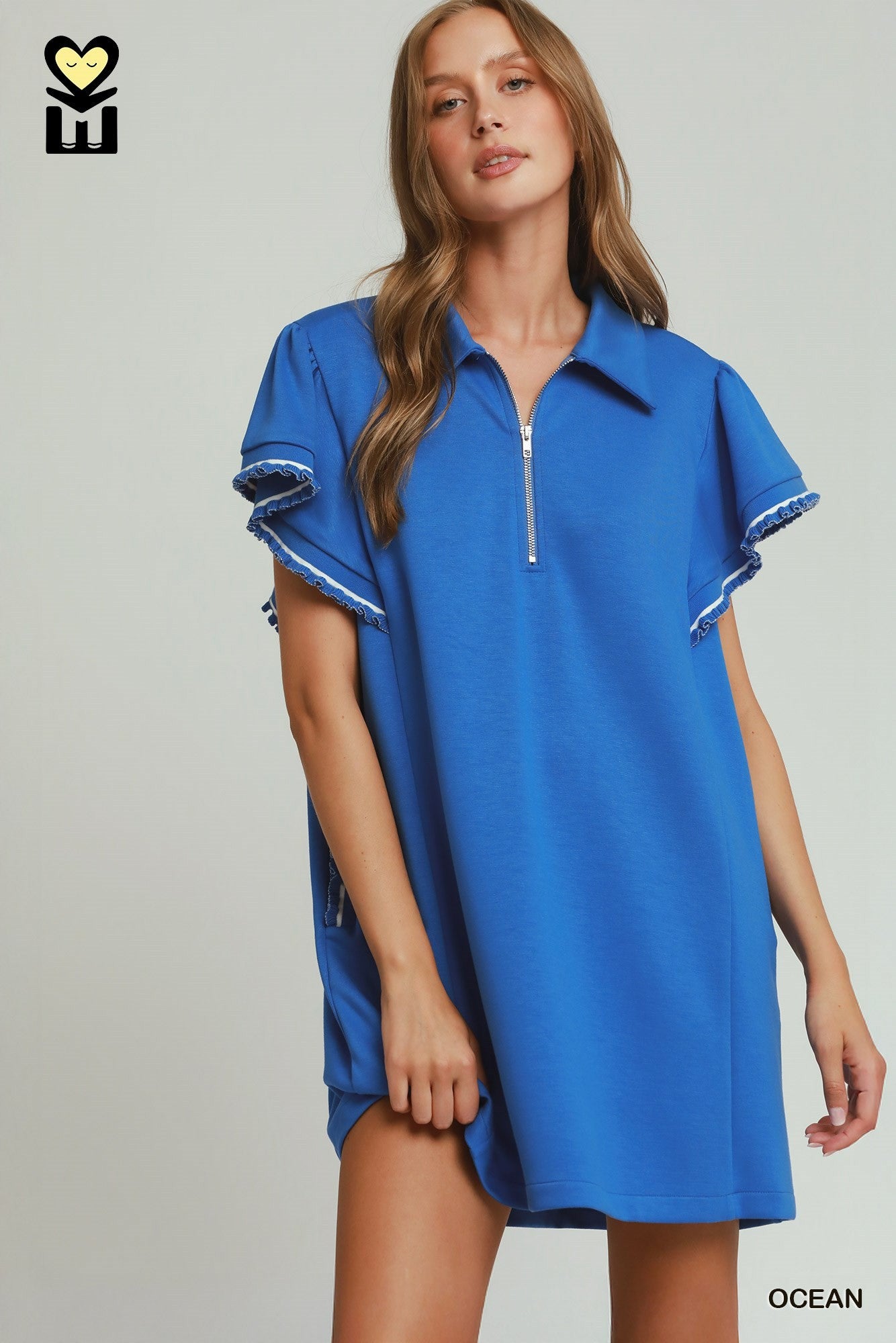 Umgee LUXEKNIT Half Zip Ruffle Sleeve Mini Dress – Ocean-Short Dresses-Umgee-Deja Nu Boutique, Women's Fashion Boutique in Lampasas, Texas