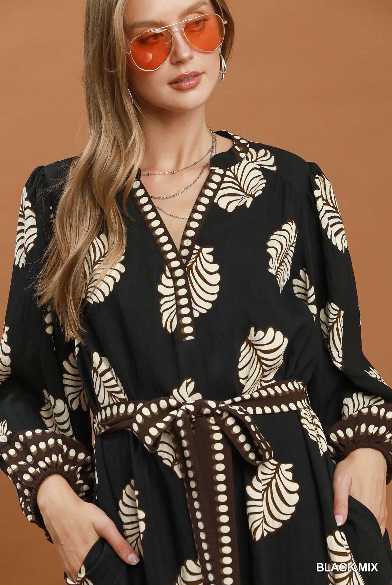 Umgee Mix Leaf Print Belted Midi Dress - Black Mix-Midi Dresses-umgee-Deja Nu Boutique, Women's Fashion Boutique in Lampasas, Texas