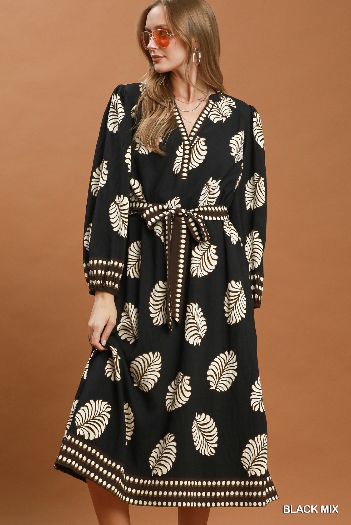 Umgee Mix Leaf Print Belted Midi Dress - Black Mix-Midi Dresses-umgee-Deja Nu Boutique, Women's Fashion Boutique in Lampasas, Texas