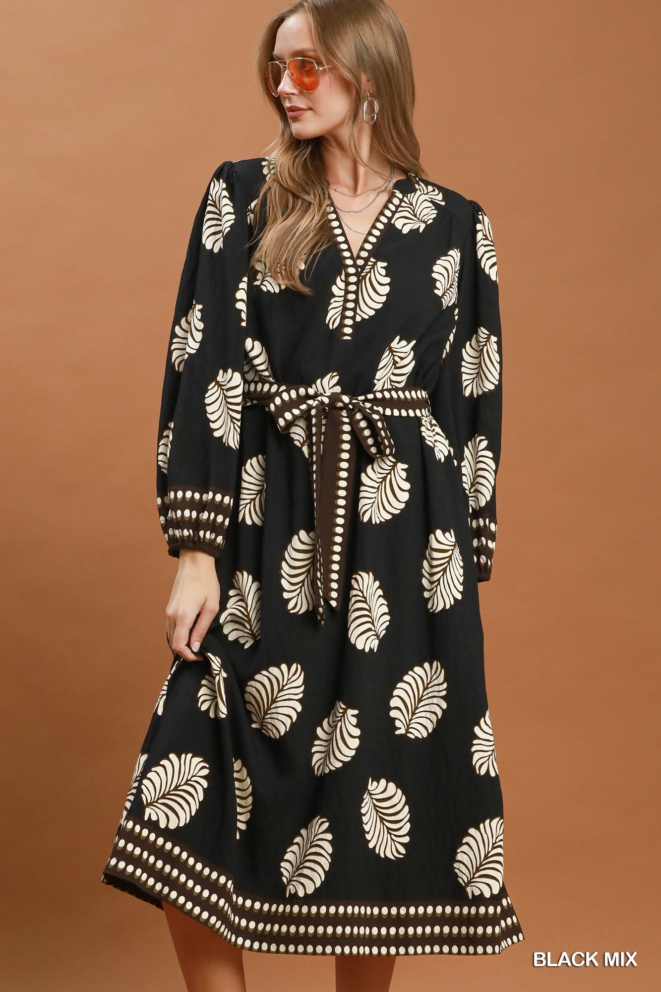 Umgee Mix Leaf Print Belted Midi Dress - Black Mix-Midi Dresses-umgee-Deja Nu Boutique, Women's Fashion Boutique in Lampasas, Texas