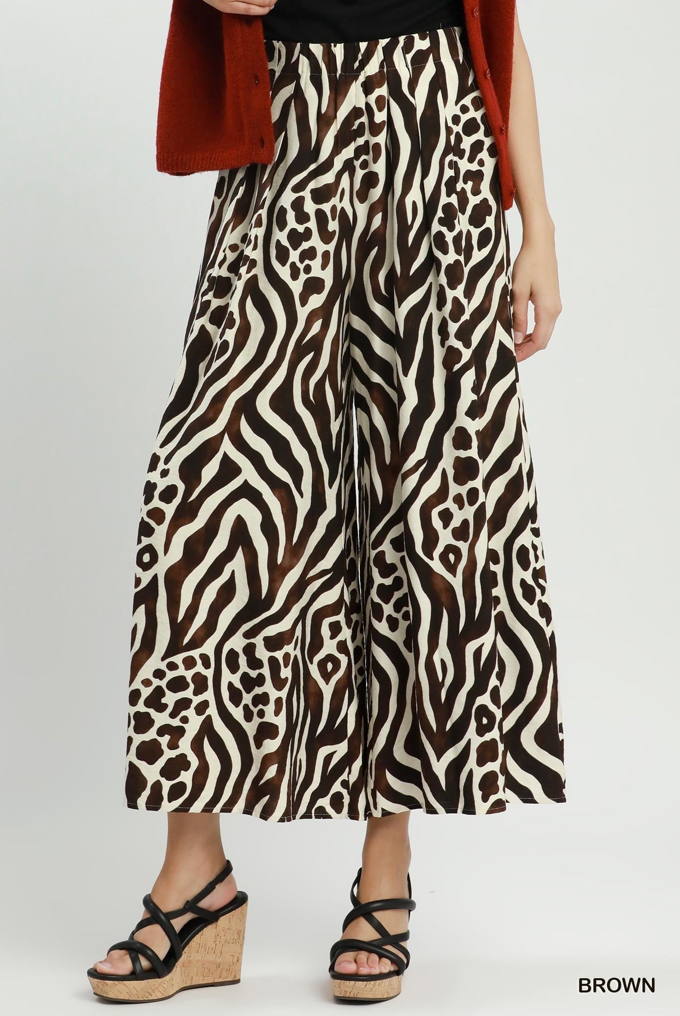 Umgee Brown Mixed Animal Print Wide Leg Pants-Pants-Umgee-Deja Nu Boutique, Women's Fashion Boutique in Lampasas, Texas