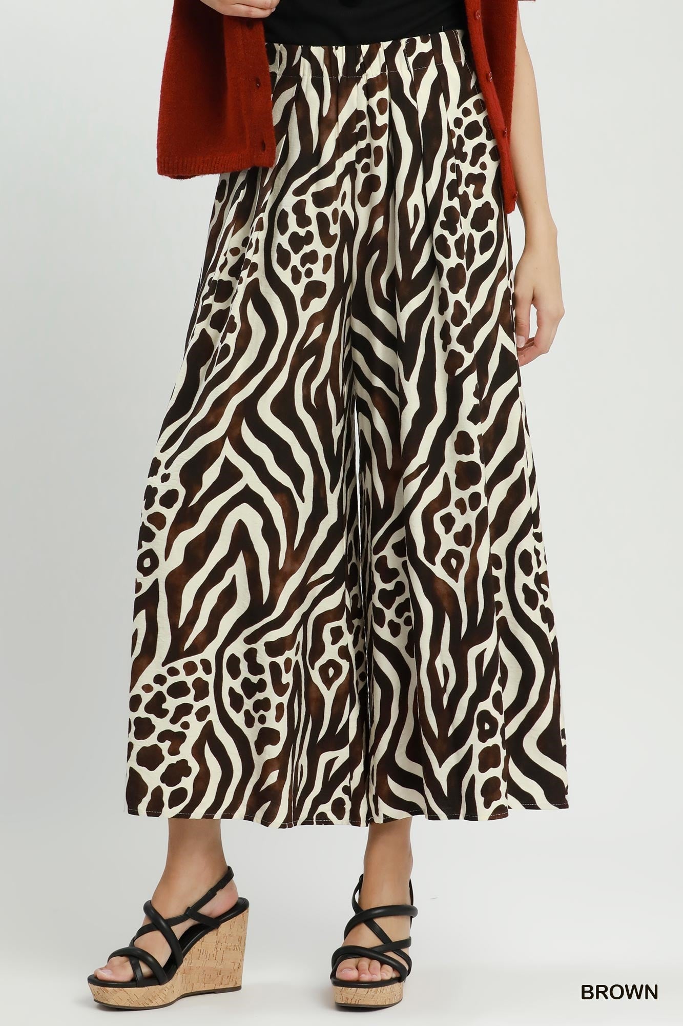 Umgee Brown Mixed Animal Print Wide Leg Pants-Pants-Umgee-Deja Nu Boutique, Women's Fashion Boutique in Lampasas, Texas