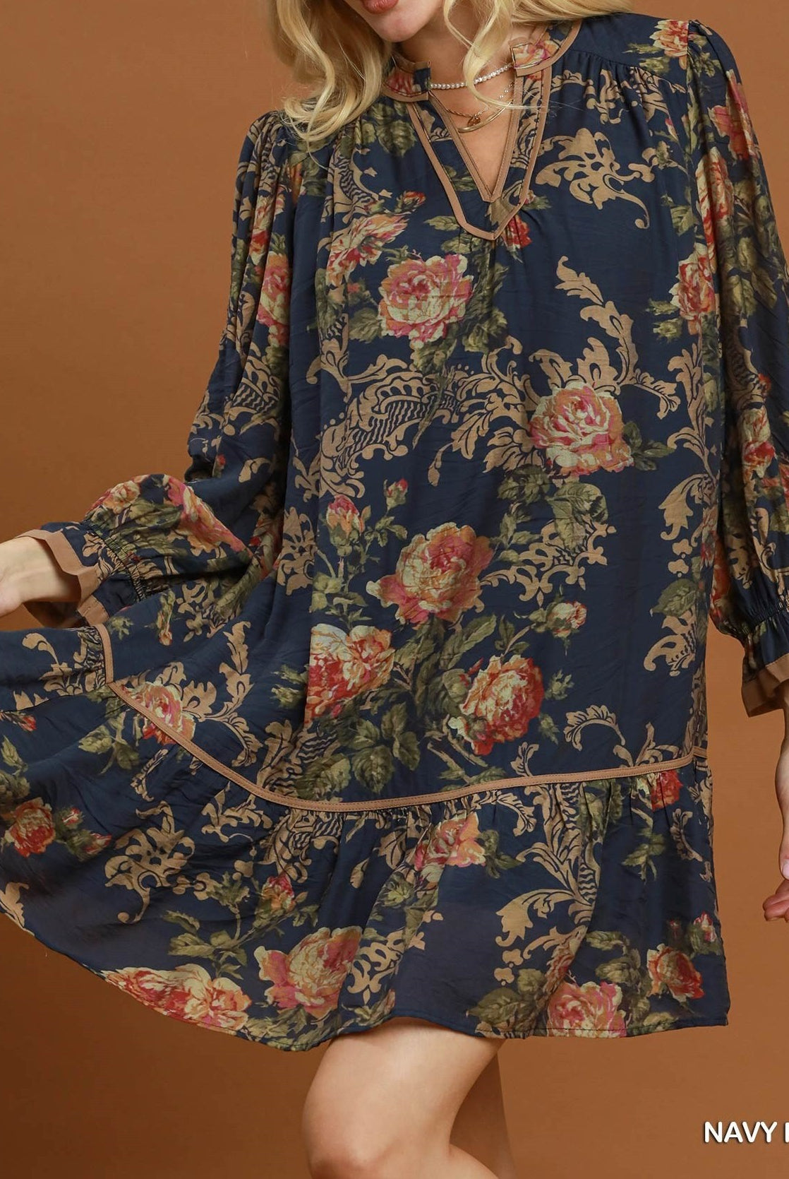 Umgee Floral Print Ruffle Hem Shift Dress in Navy Mix-Short Dresses-Umgee-Deja Nu Boutique, Women's Fashion Boutique in Lampasas, Texas