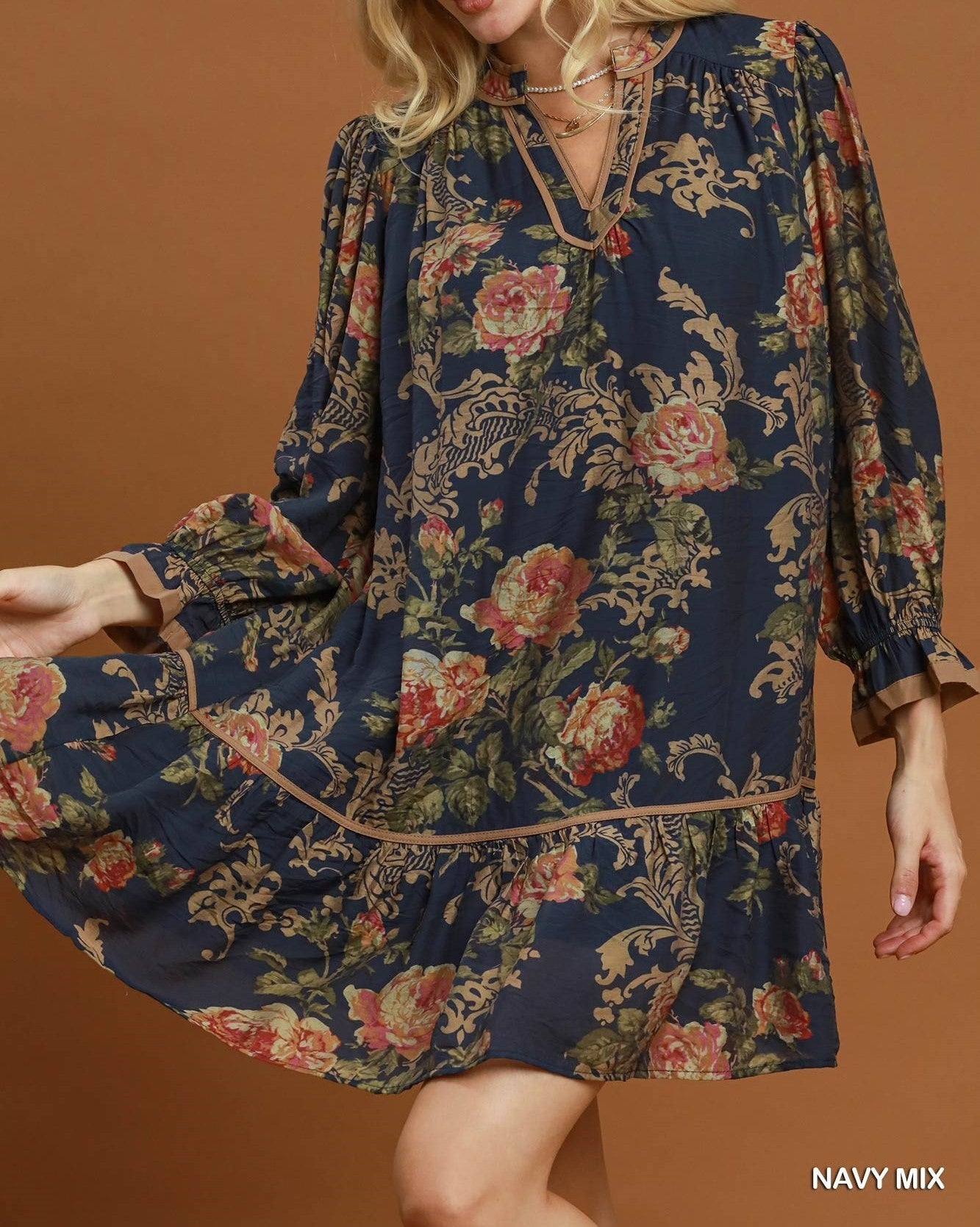 Umgee Floral Print Ruffle Hem Shift Dress in Navy Mix-Short Dresses-Umgee-Deja Nu Boutique, Women's Fashion Boutique in Lampasas, Texas