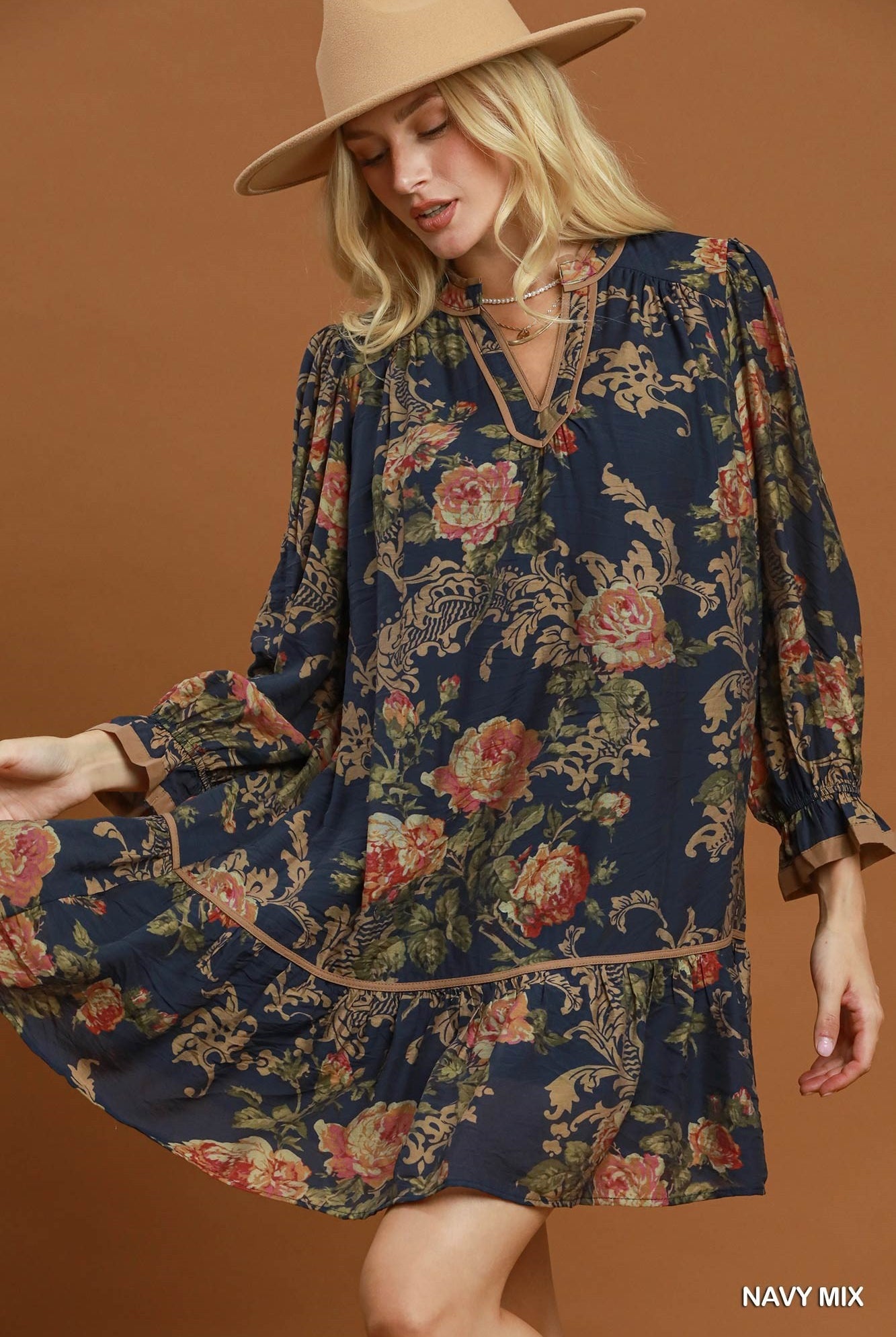 Umgee Floral Print Ruffle Hem Shift Dress in Navy Mix-Short Dresses-Umgee-Deja Nu Boutique, Women's Fashion Boutique in Lampasas, Texas