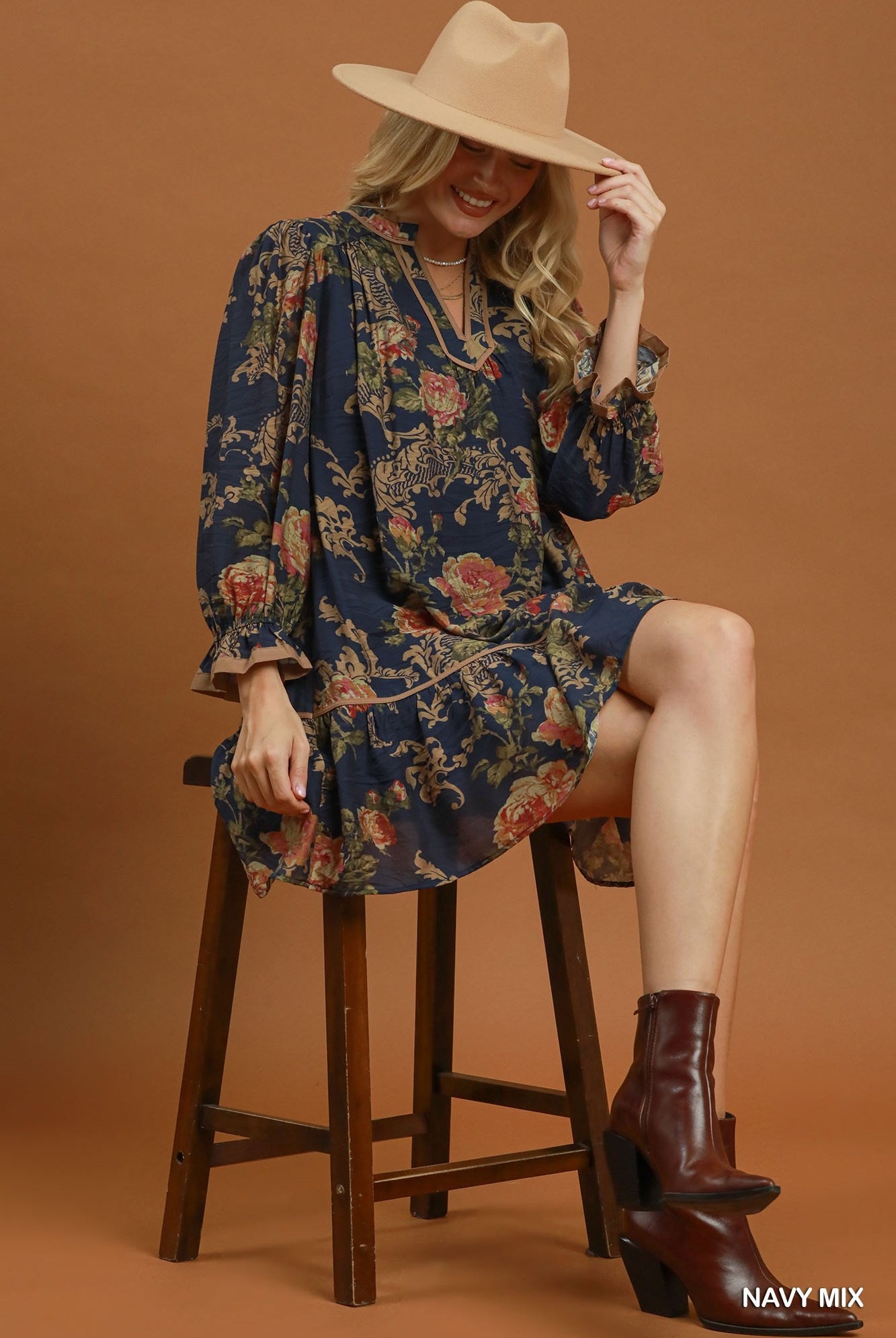 Umgee Floral Print Ruffle Hem Shift Dress in Navy Mix-Short Dresses-Umgee-Deja Nu Boutique, Women's Fashion Boutique in Lampasas, Texas