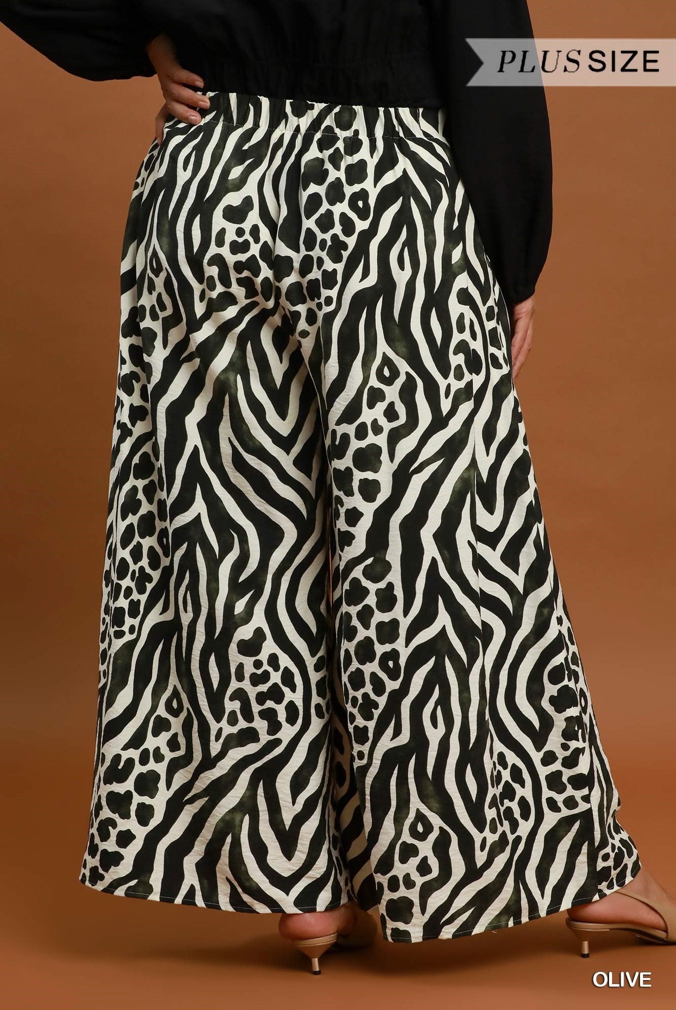 Umgee Olive Mixed Animal Print Wide Leg Pants Plus-Curvy/Plus Bottoms-Umgee-Deja Nu Boutique, Women's Fashion Boutique in Lampasas, Texas