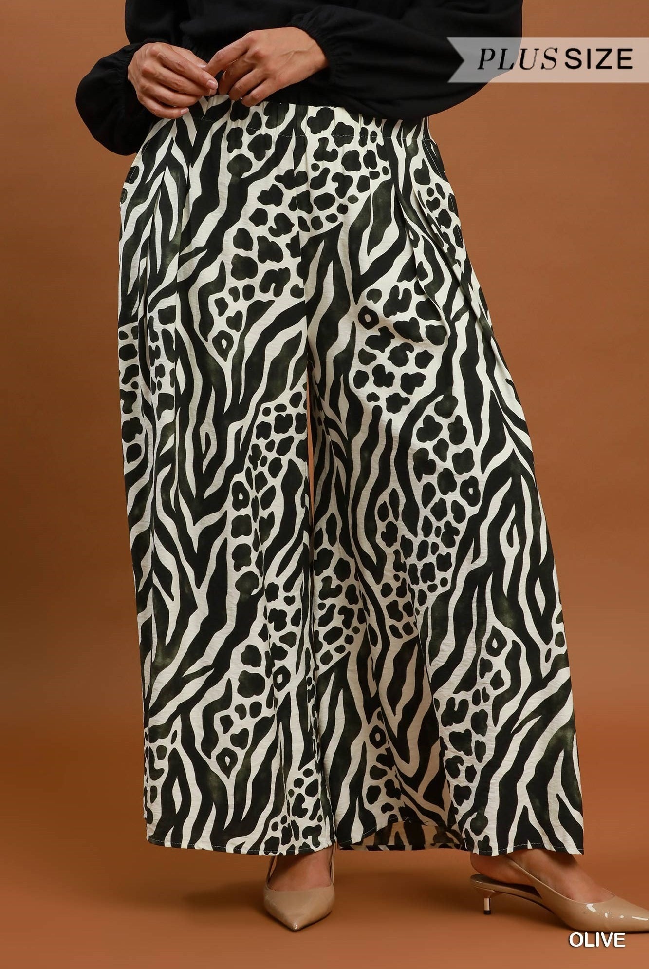 Umgee Olive Mixed Animal Print Wide Leg Pants Plus-Curvy/Plus Bottoms-Umgee-Deja Nu Boutique, Women's Fashion Boutique in Lampasas, Texas