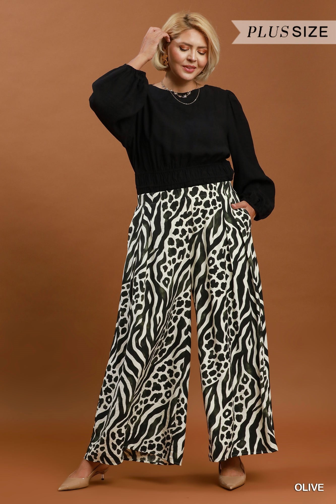 Umgee Olive Mixed Animal Print Wide Leg Pants Plus-Curvy/Plus Bottoms-Umgee-Deja Nu Boutique, Women's Fashion Boutique in Lampasas, Texas