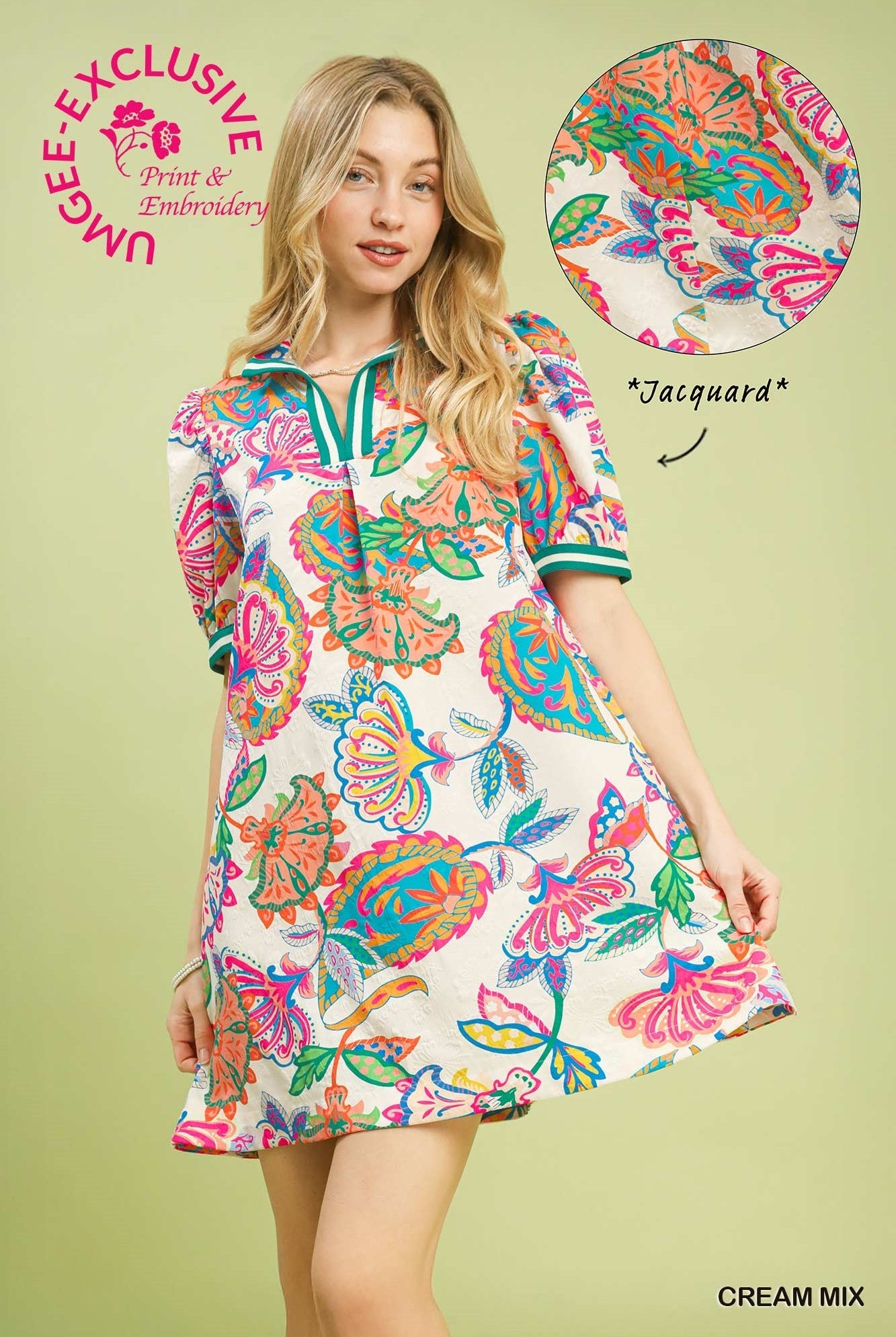 Umgee Jacquard Paisley Print Puff Sleeve Tunic Dress – Cream Mix-mini dress-Umgee-Deja Nu Boutique, Women's Fashion Boutique in Lampasas, Texas
