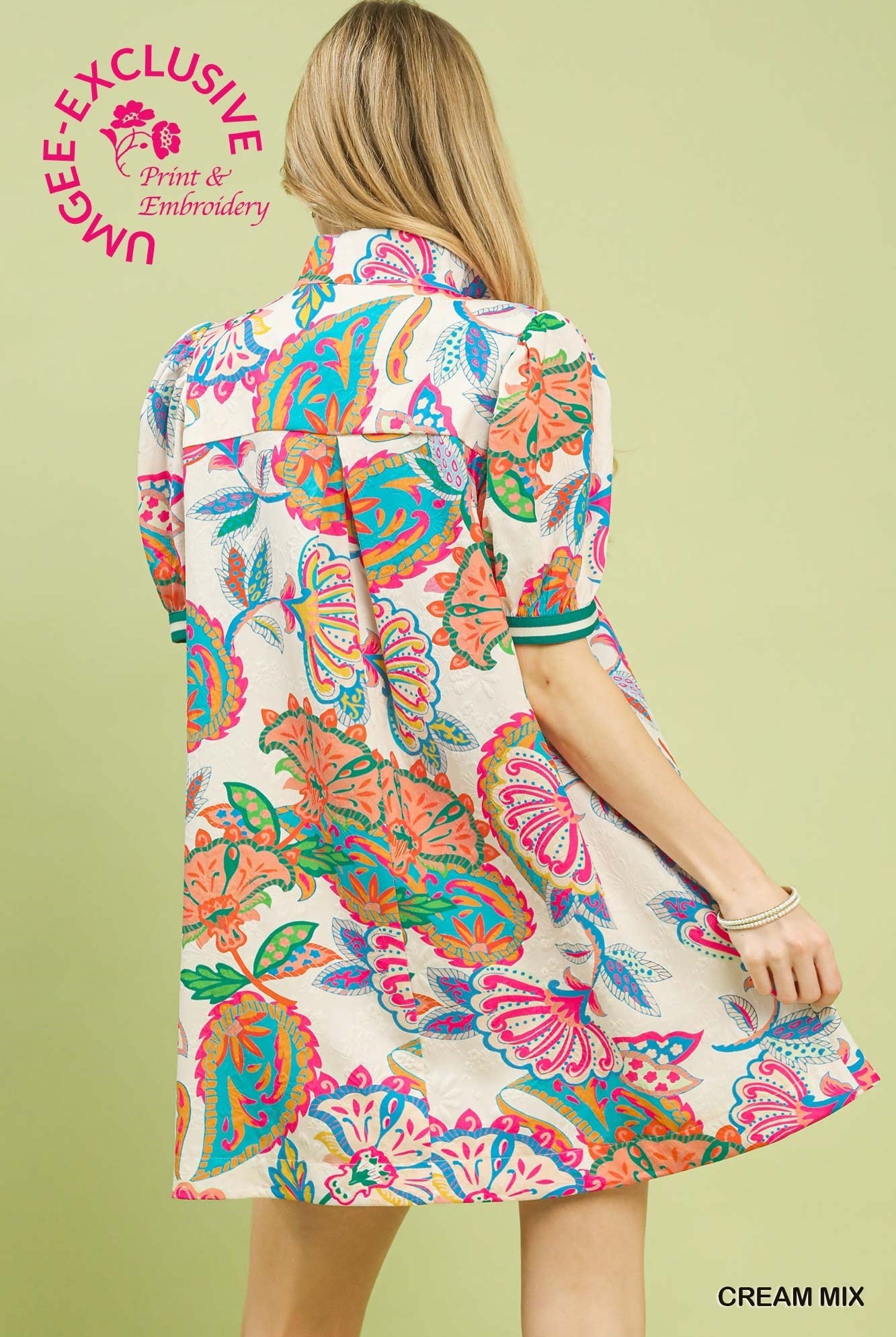 Umgee Jacquard Paisley Print Puff Sleeve Tunic Dress – Cream Mix-mini dress-Umgee-Deja Nu Boutique, Women's Fashion Boutique in Lampasas, Texas