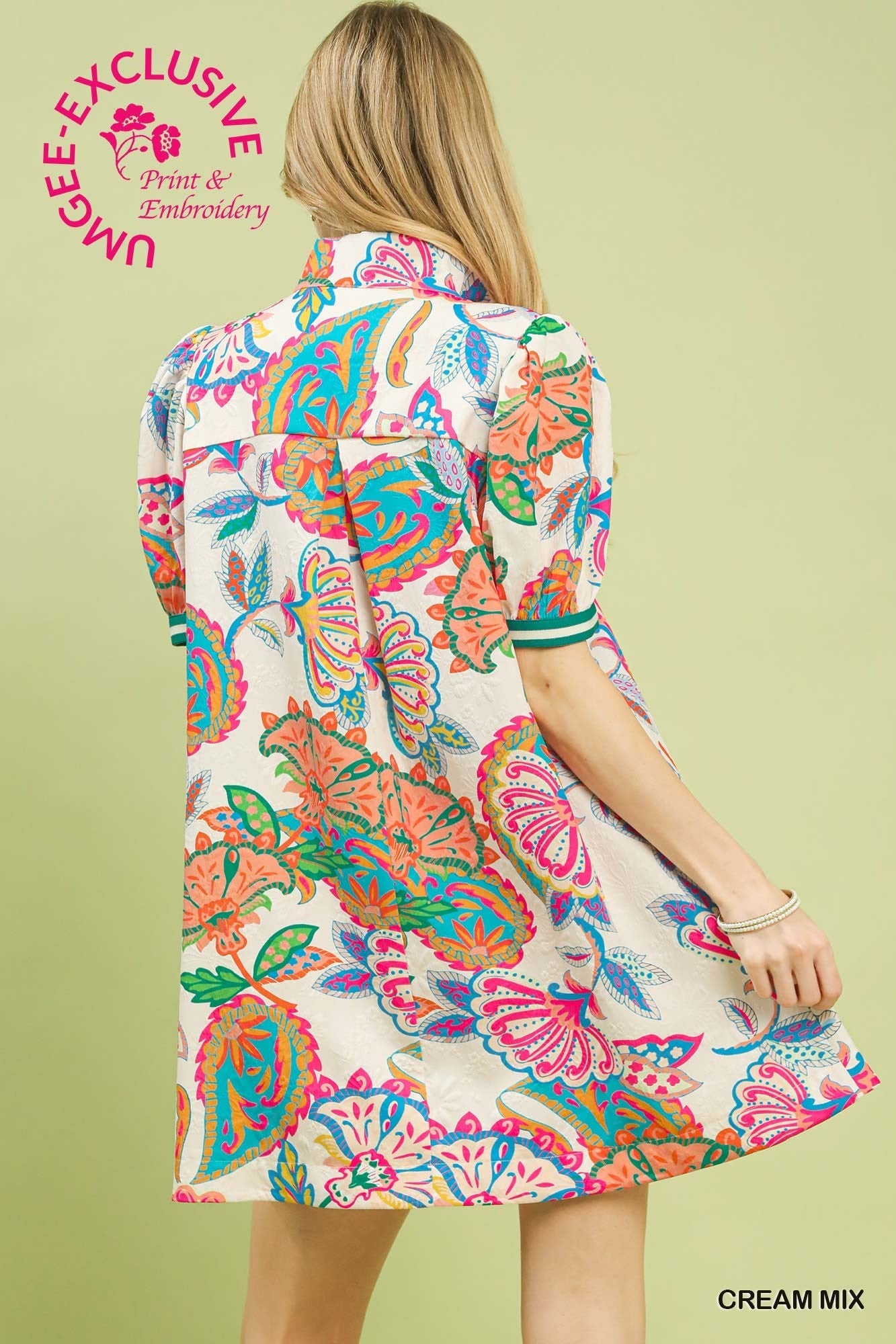 Umgee Jacquard Paisley Print Puff Sleeve Tunic Dress – Cream Mix-mini dress-Umgee-Deja Nu Boutique, Women's Fashion Boutique in Lampasas, Texas
