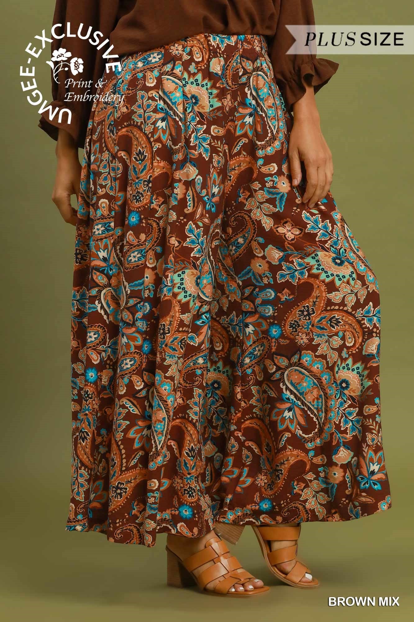 Umgee Paisley Print Wide Leg Plus Size Pants in Brown Mix-Curvy/Plus Bottoms-Umgee-Deja Nu Boutique, Women's Fashion Boutique in Lampasas, Texas