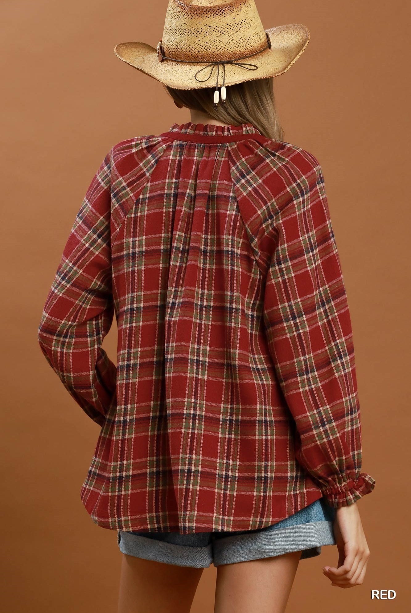 Umgee Plaid Button Front Relaxed Blouse in Red-Tops-Umgee-Deja Nu Boutique, Women's Fashion Boutique in Lampasas, Texas