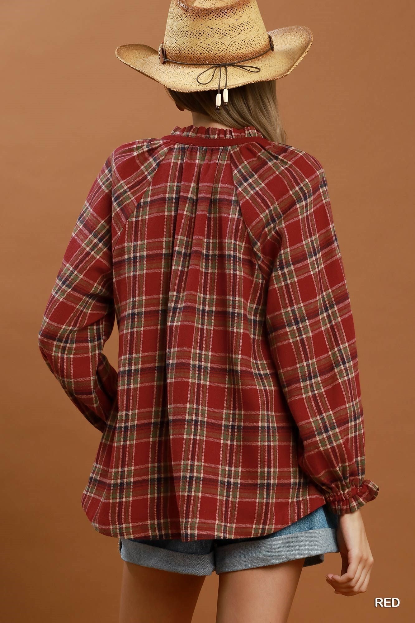 Umgee Plaid Button Front Relaxed Blouse in Red-Tops-Umgee-Deja Nu Boutique, Women's Fashion Boutique in Lampasas, Texas