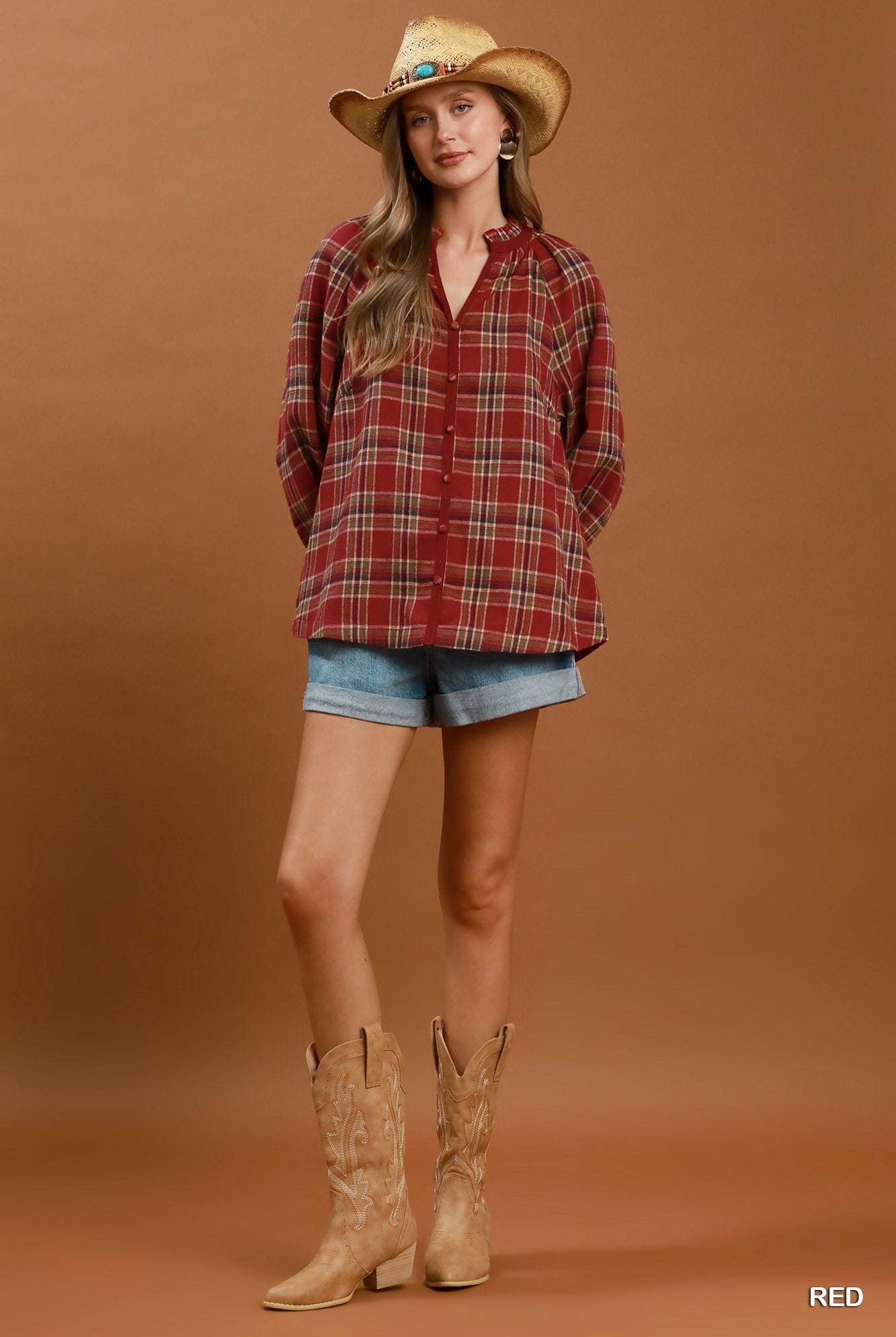 Umgee Plaid Button Front Relaxed Blouse in Red-Tops-Umgee-Deja Nu Boutique, Women's Fashion Boutique in Lampasas, Texas