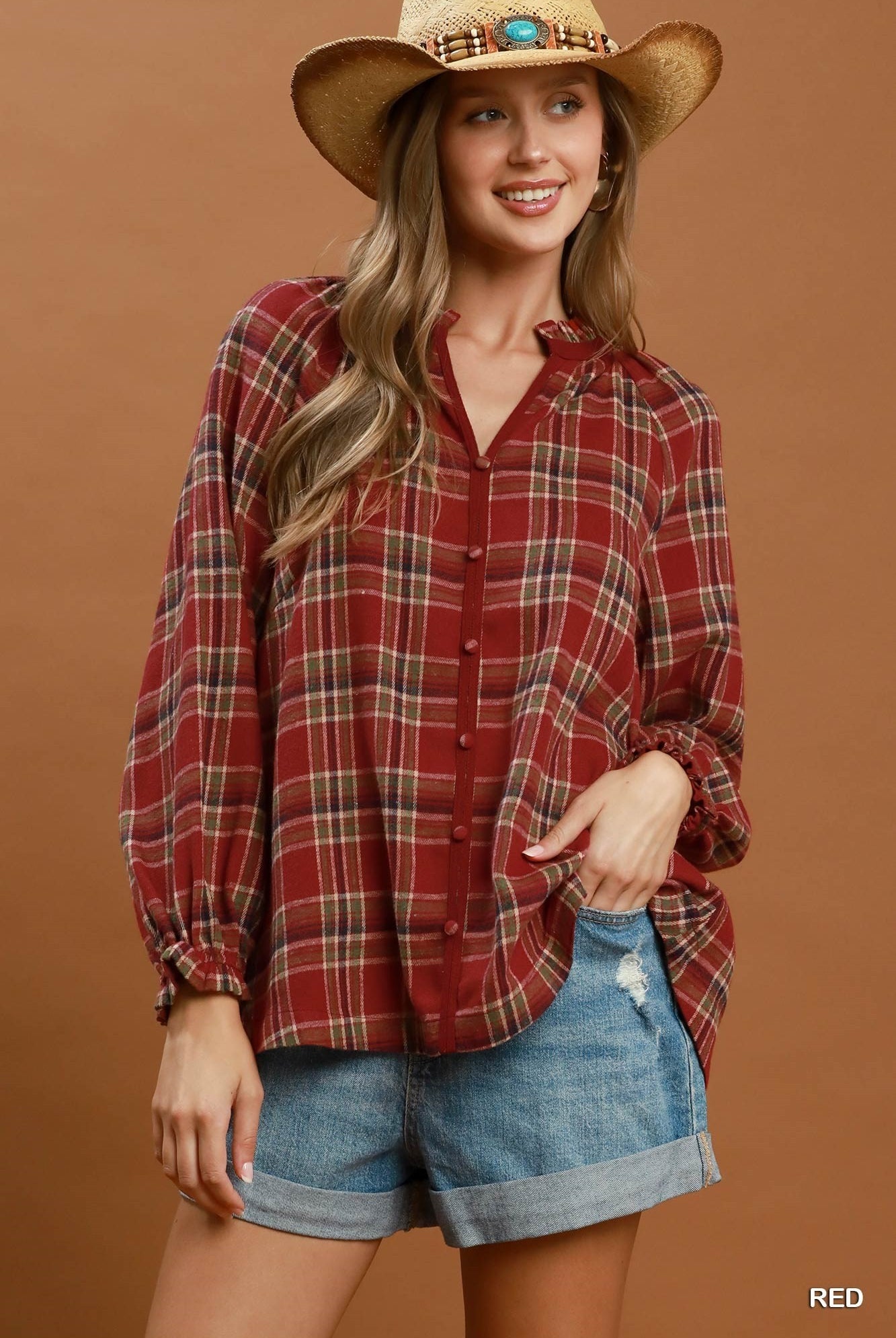 Umgee Plaid Button Front Relaxed Blouse in Red-Tops-Umgee-Deja Nu Boutique, Women's Fashion Boutique in Lampasas, Texas