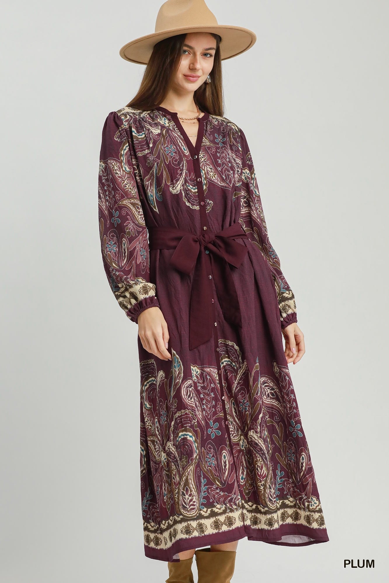 Umgee Abstract Print Tie Waist Midi Dress in Plum-Midi Dresses-umgee-Deja Nu Boutique, Women's Fashion Boutique in Lampasas, Texas
