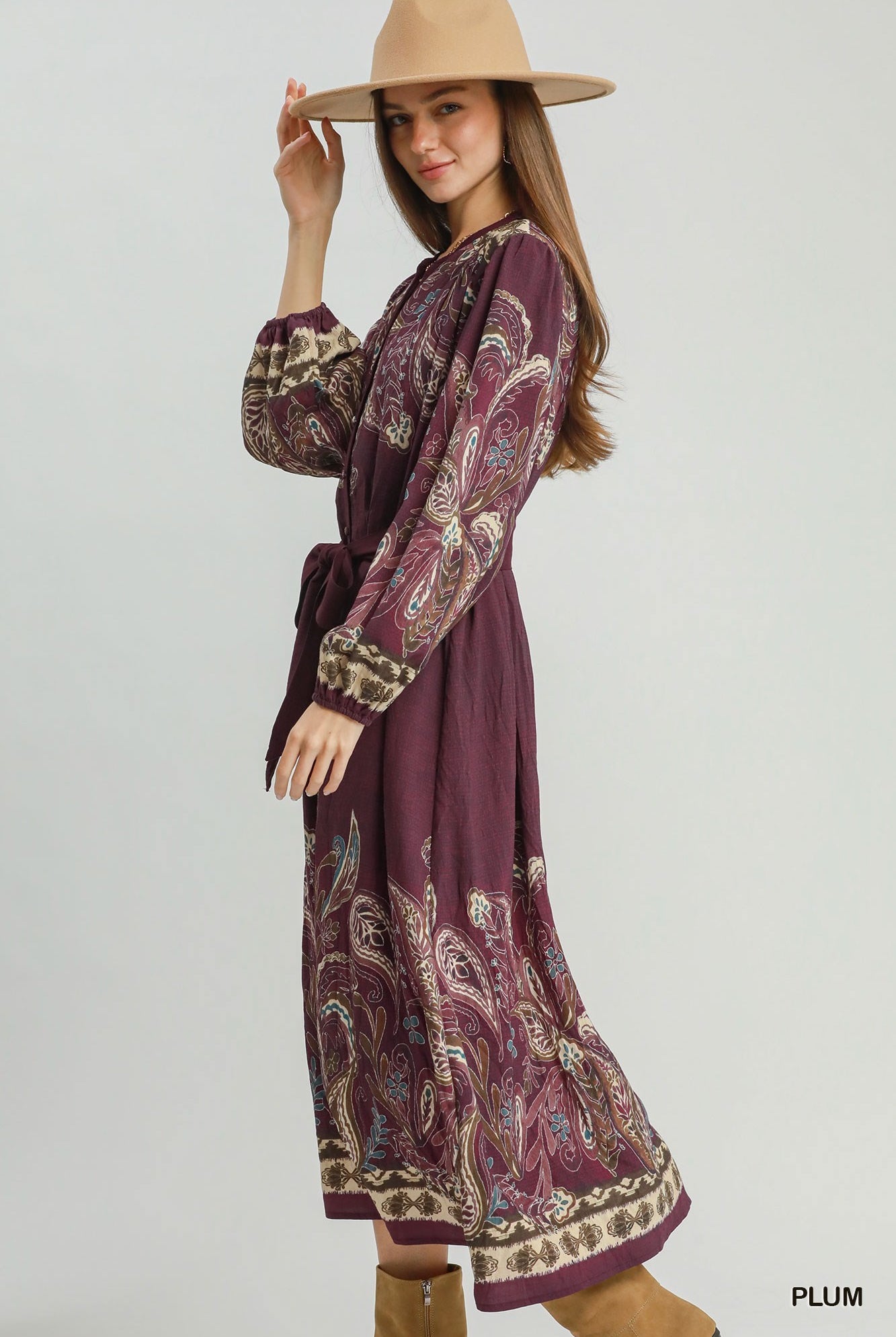 Umgee Abstract Print Tie Waist Midi Dress in Plum-Midi Dresses-umgee-Deja Nu Boutique, Women's Fashion Boutique in Lampasas, Texas