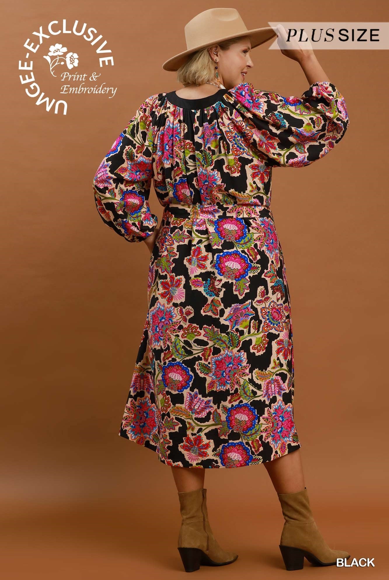 Umgee Plus Abstract Print Embroidered Belted Midi Dress in Black-Curvy/Plus Dresses-Umgee-Deja Nu Boutique, Women's Fashion Boutique in Lampasas, Texas